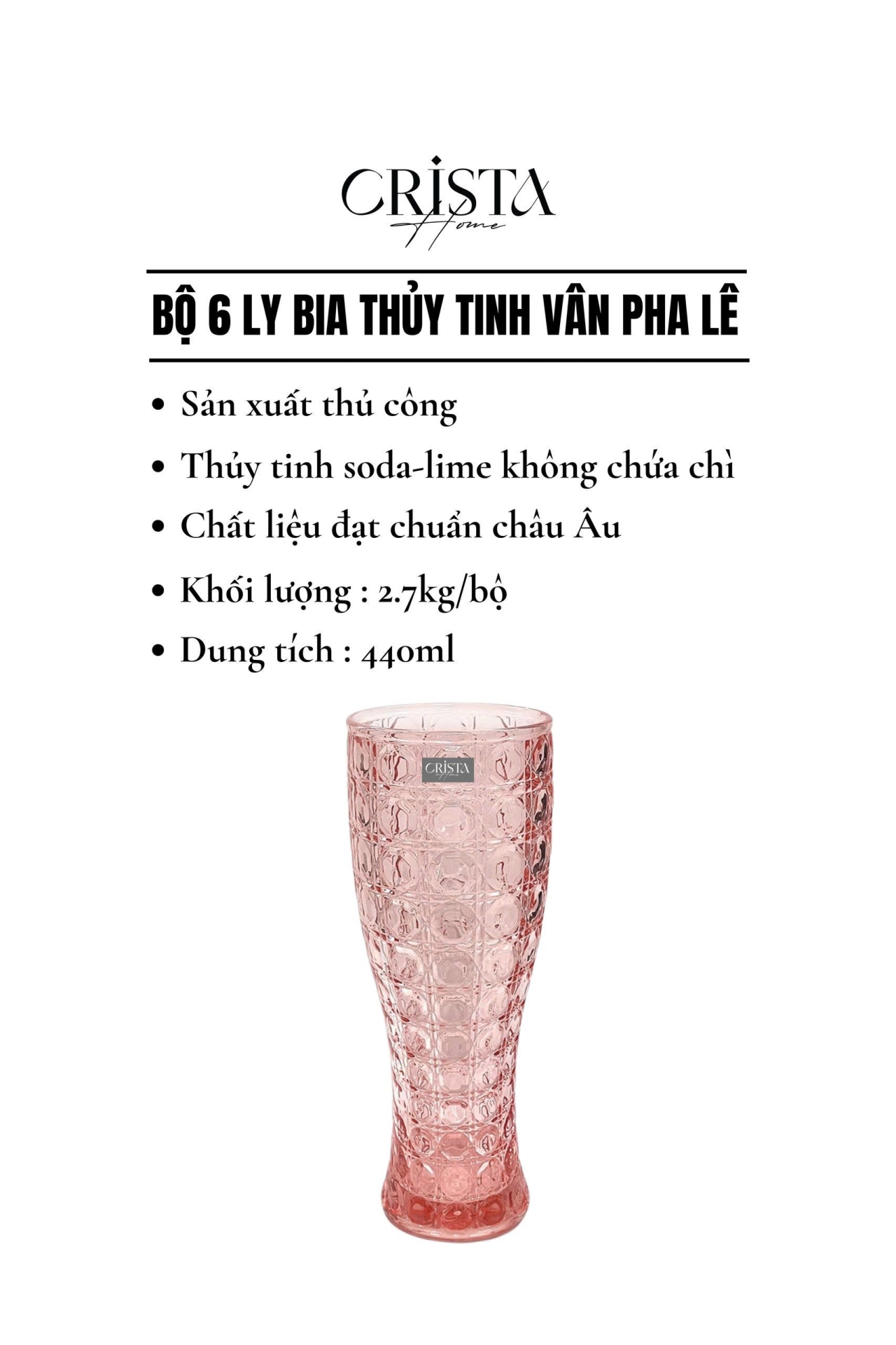 BỘ 6 LY BIA THỦY TINH VÂN PHA LÊ  - 440ML CRISTA HOME  — Mix màu (11/12)