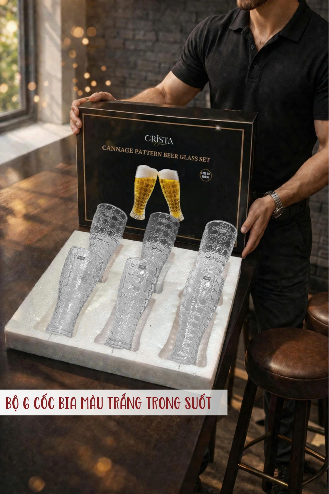 BỘ 6 LY BIA THỦY TINH VÂN PHA LÊ  - 440ML CRISTA HOME  — Mix màu (12/12)