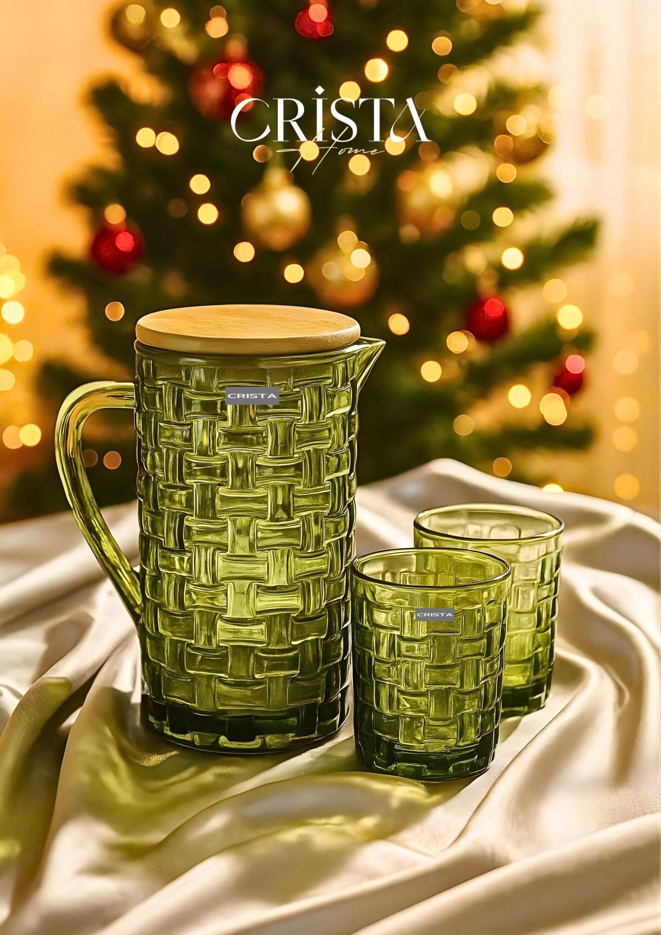 BÌNH THỦY TINH VÂN CARO 1L NẮP TRE - MÀU XANH LÁ