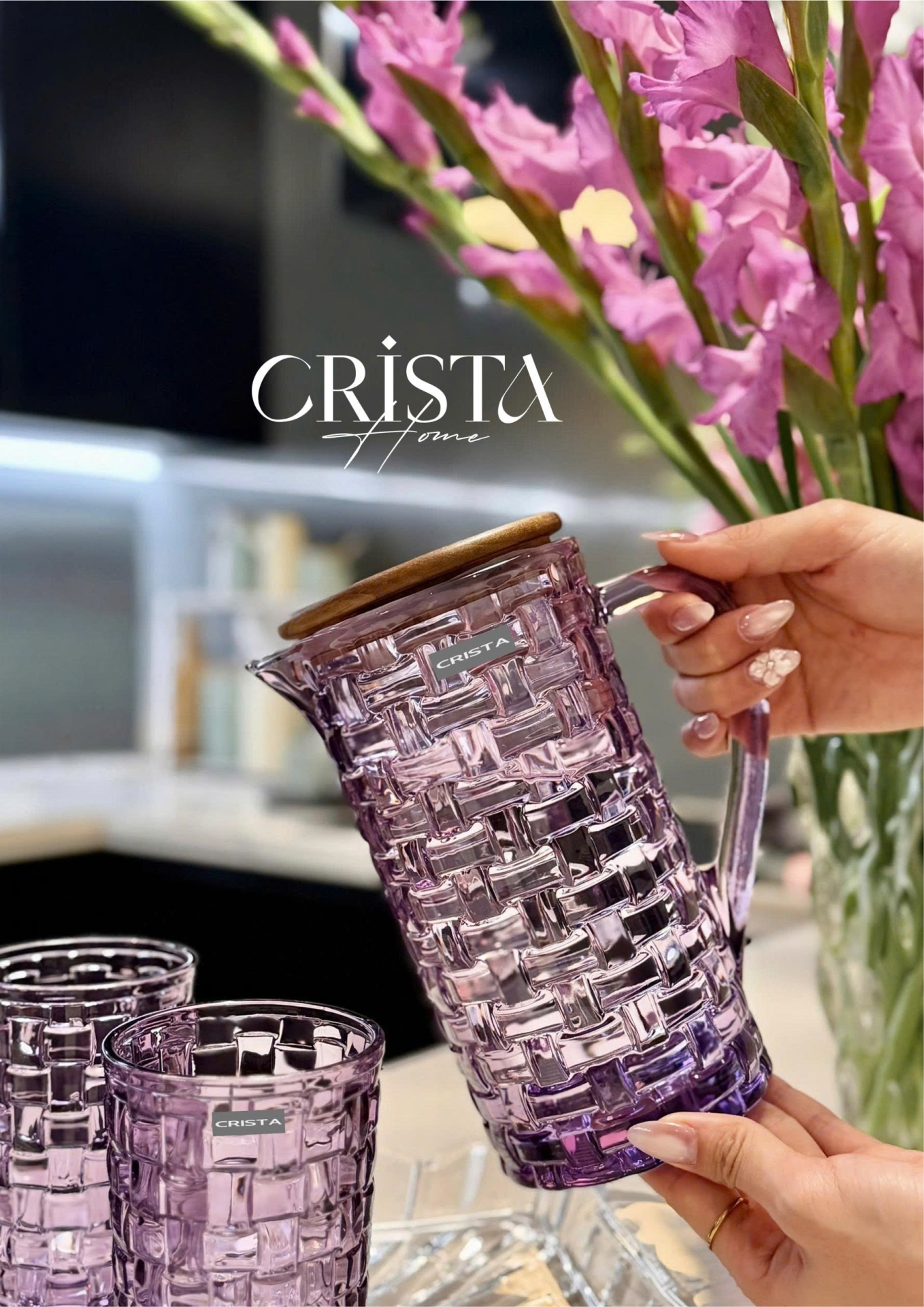 Bình Thủy Tinh Nắp Gỗ 1L - 6 Màu- Vân Caro CRISTA HOME  — MÀU TÍM (2/30)