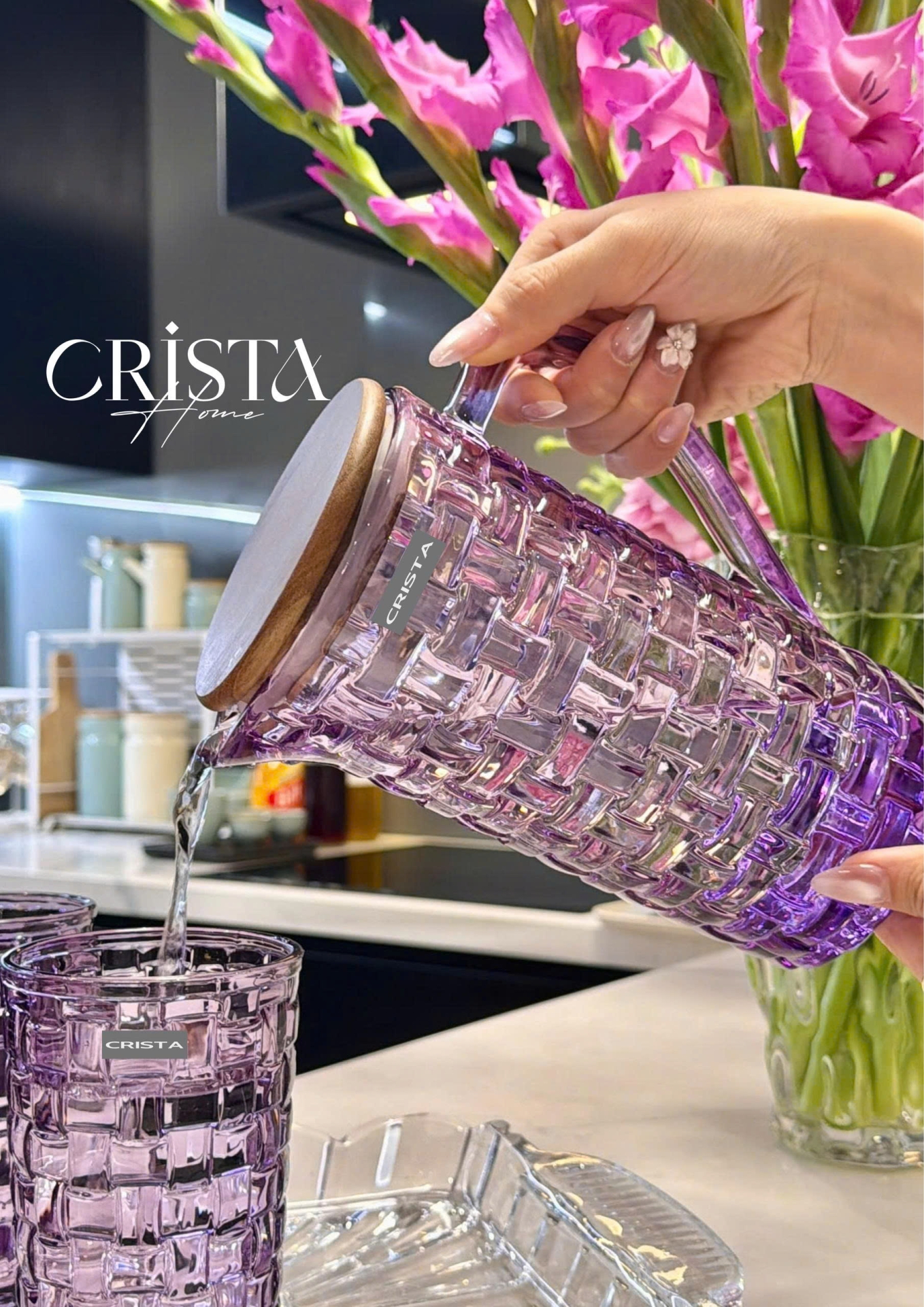 Bình Thủy Tinh Nắp Gỗ 1L - 6 Màu- Vân Caro CRISTA HOME  — MÀU TÍM (3/30)