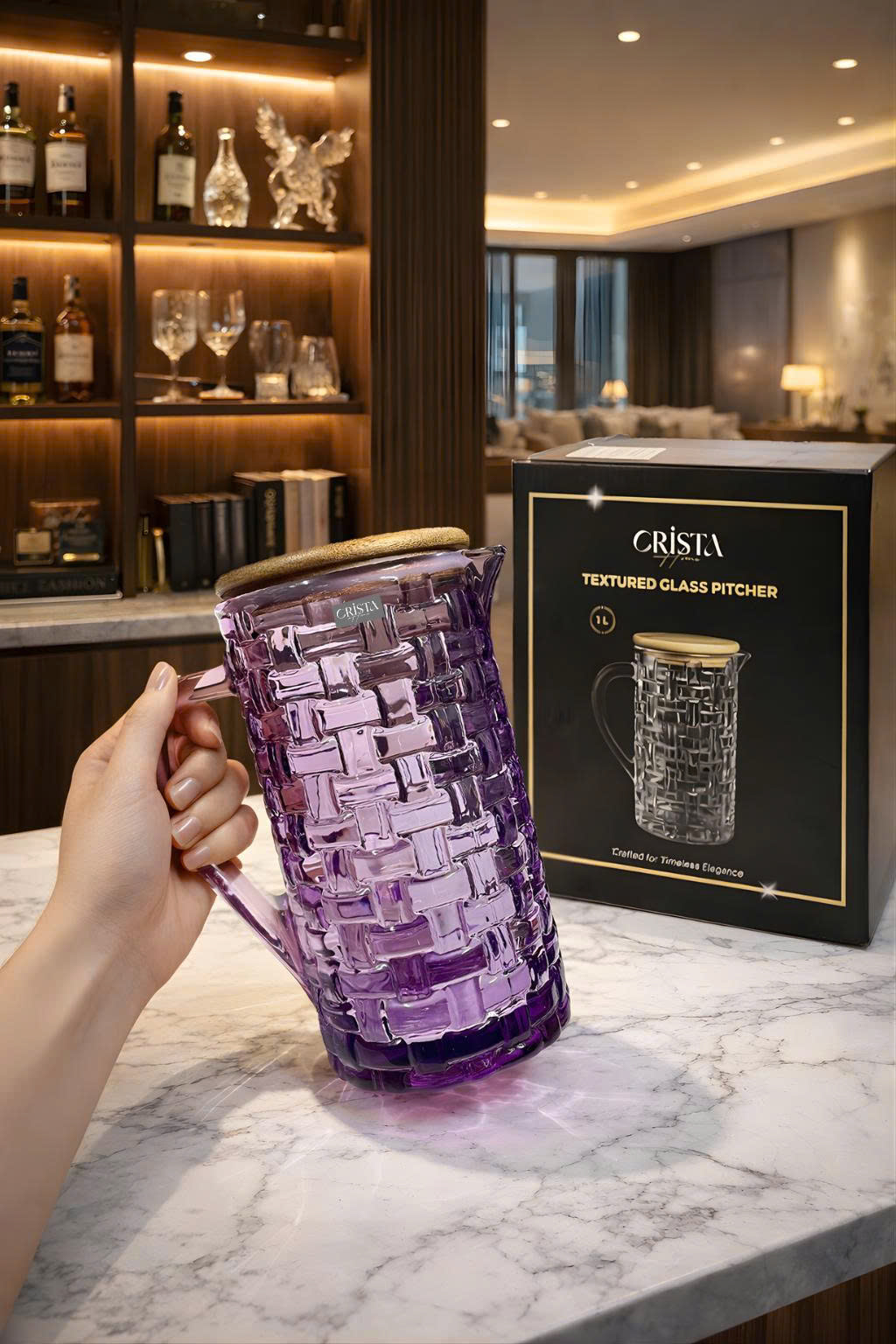 Bình Thủy Tinh Nắp Gỗ 1L - 6 Màu- Vân Caro CRISTA HOME  — MÀU TÍM (5/30)