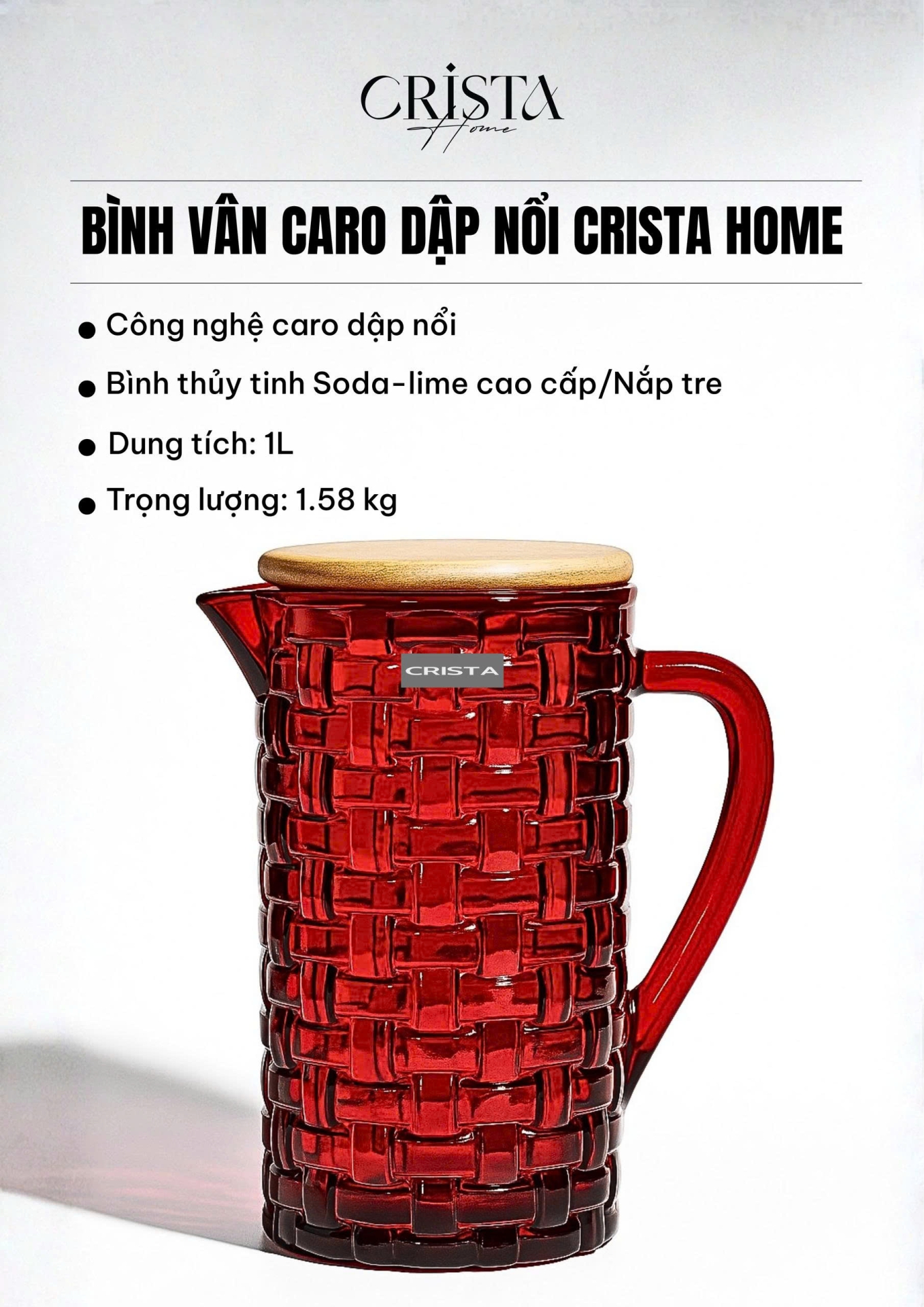 Bình Thủy Tinh Nắp Gỗ 1L - 6 Màu- Vân Caro CRISTA HOME  — MÀU TÍM (25/30)