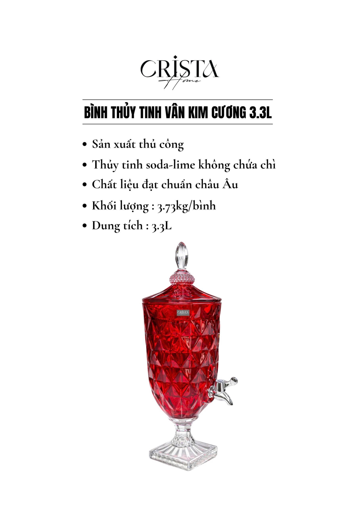 Bình Thủy Tinh Vân Kim Cương Có Vòi 3.3L - 5 Màu CRISTA HOME — MÀU HỒNG (12/20)