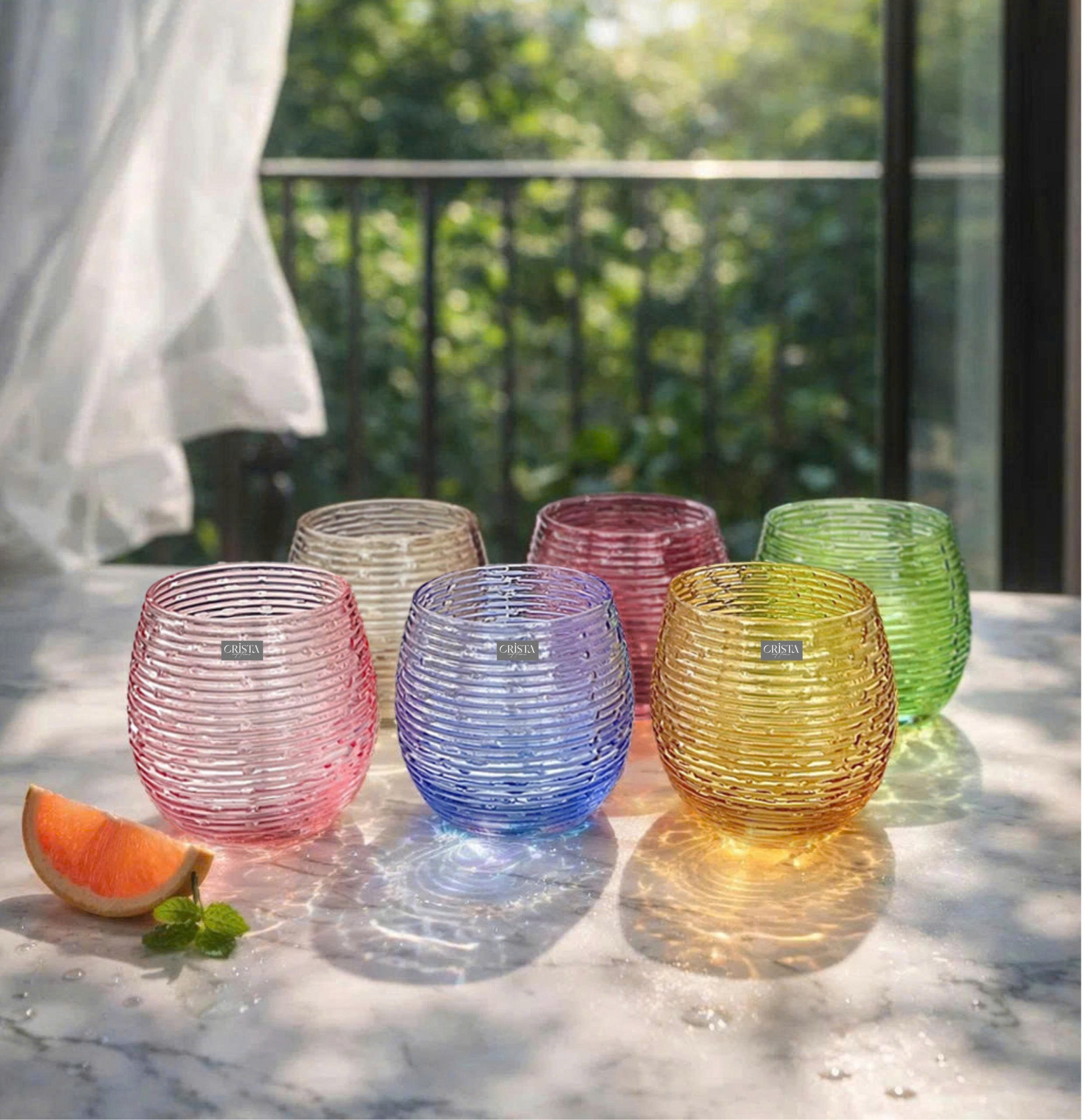 BỘ 6 CỐC THỦY TINH (8 Màu) DÁNG BẦU VÂN NGANG 300ML — MIX MÀU (2/28)