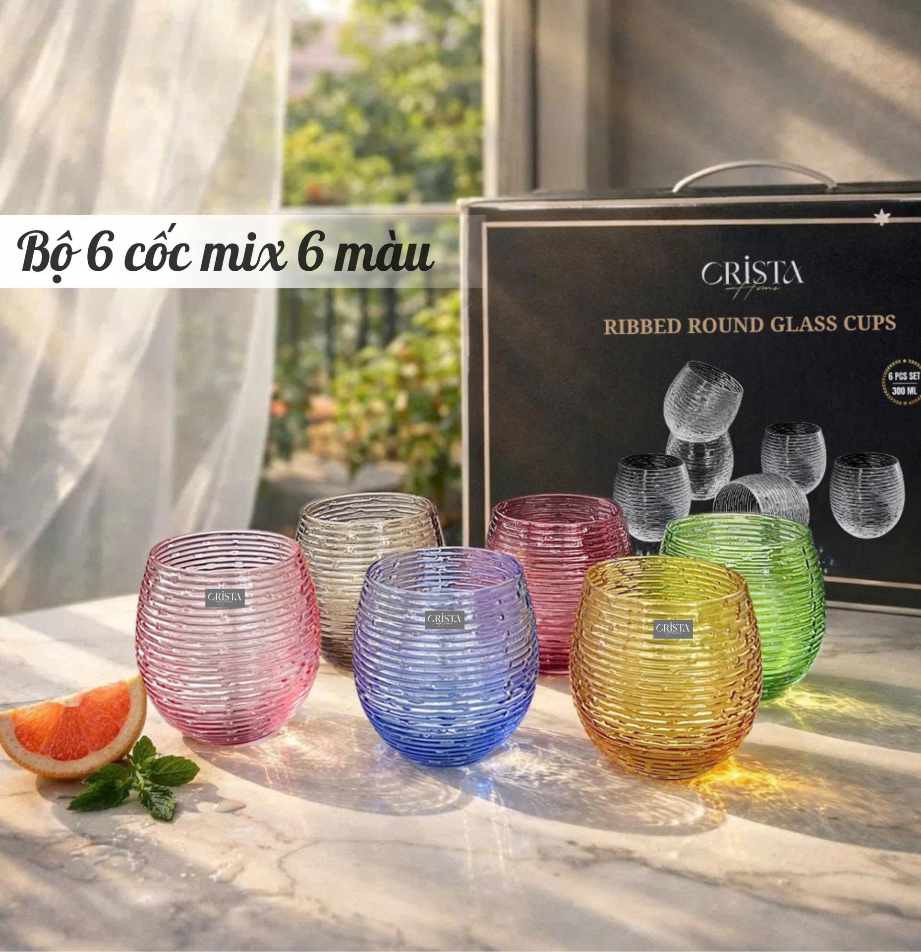 BỘ 6 CỐC THỦY TINH (8 Màu) DÁNG BẦU VÂN NGANG 300ML — MIX MÀU (3/28)