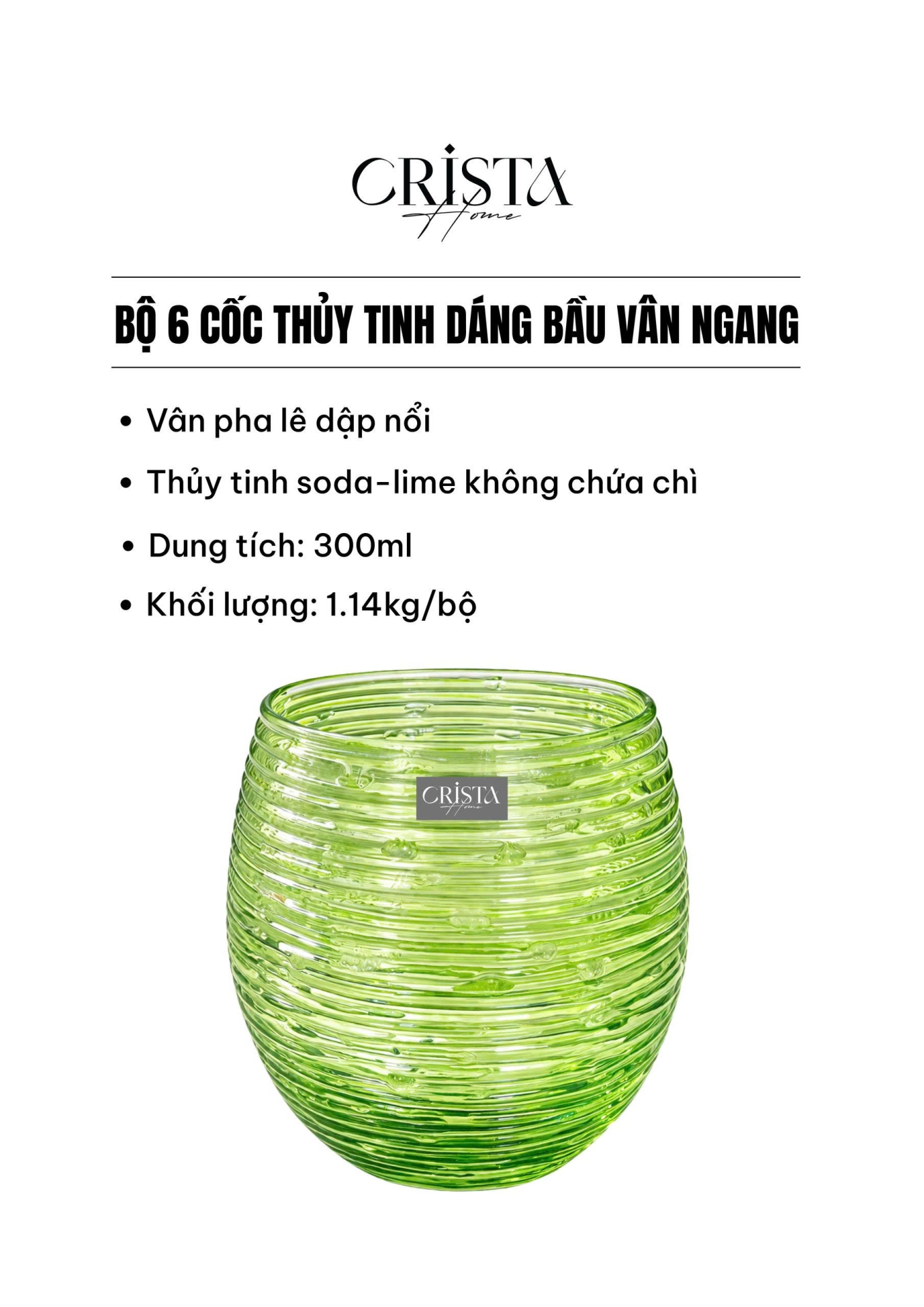 BỘ 6 CỐC THỦY TINH (8 Màu) DÁNG BẦU VÂN NGANG 300ML — MIX MÀU (6/28)