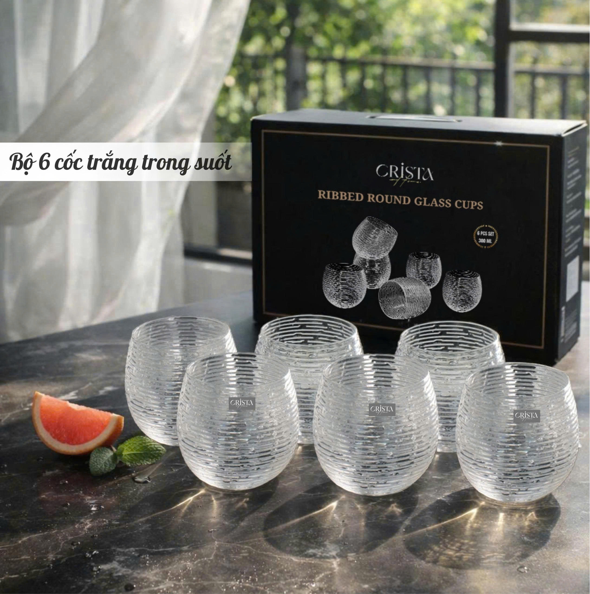 BỘ 6 CỐC THỦY TINH (8 Màu) DÁNG BẦU VÂN NGANG 300ML — MIX MÀU (7/28)