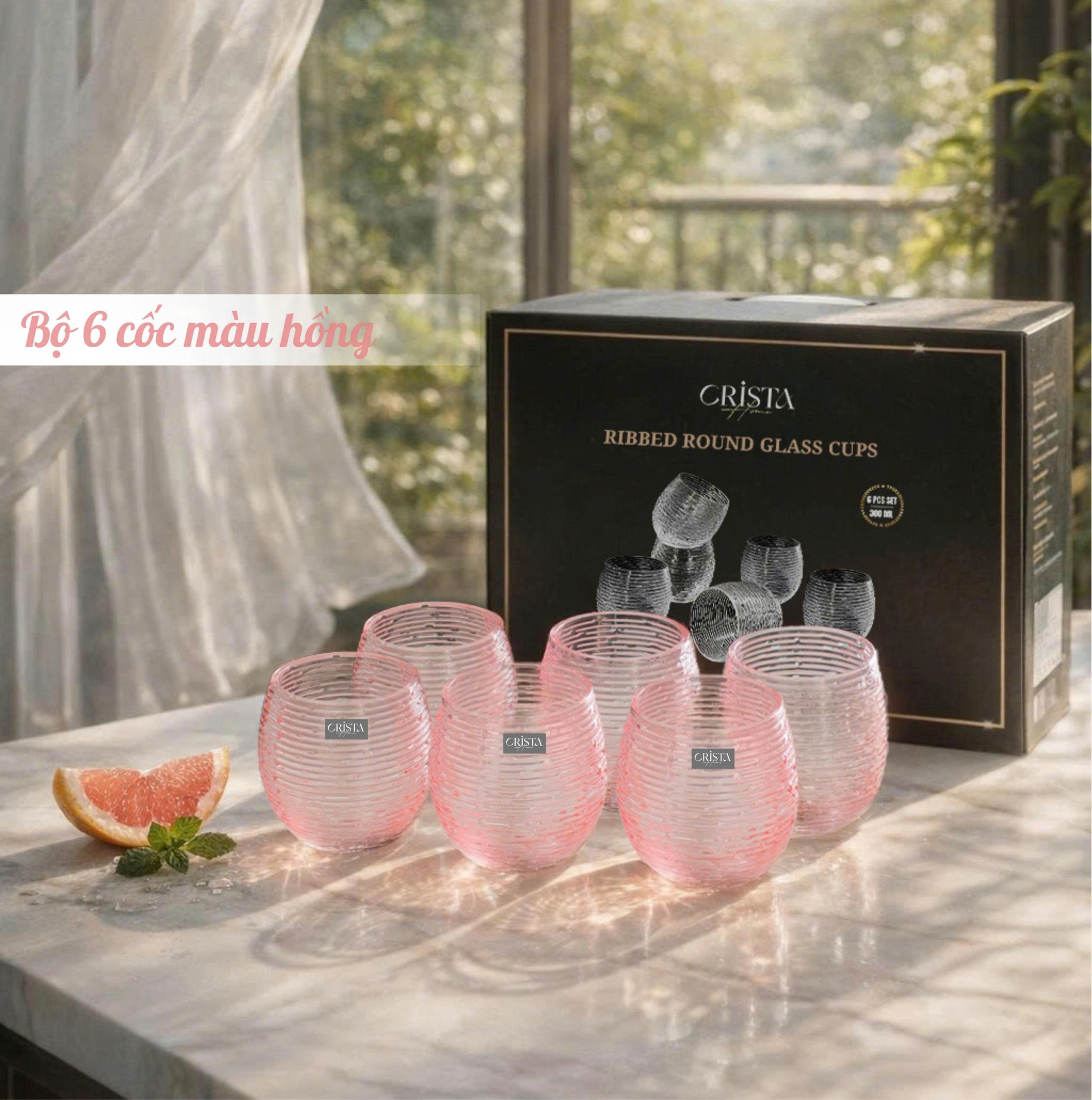 BỘ 6 CỐC THỦY TINH (8 Màu) DÁNG BẦU VÂN NGANG 300ML — MIX MÀU (12/28)