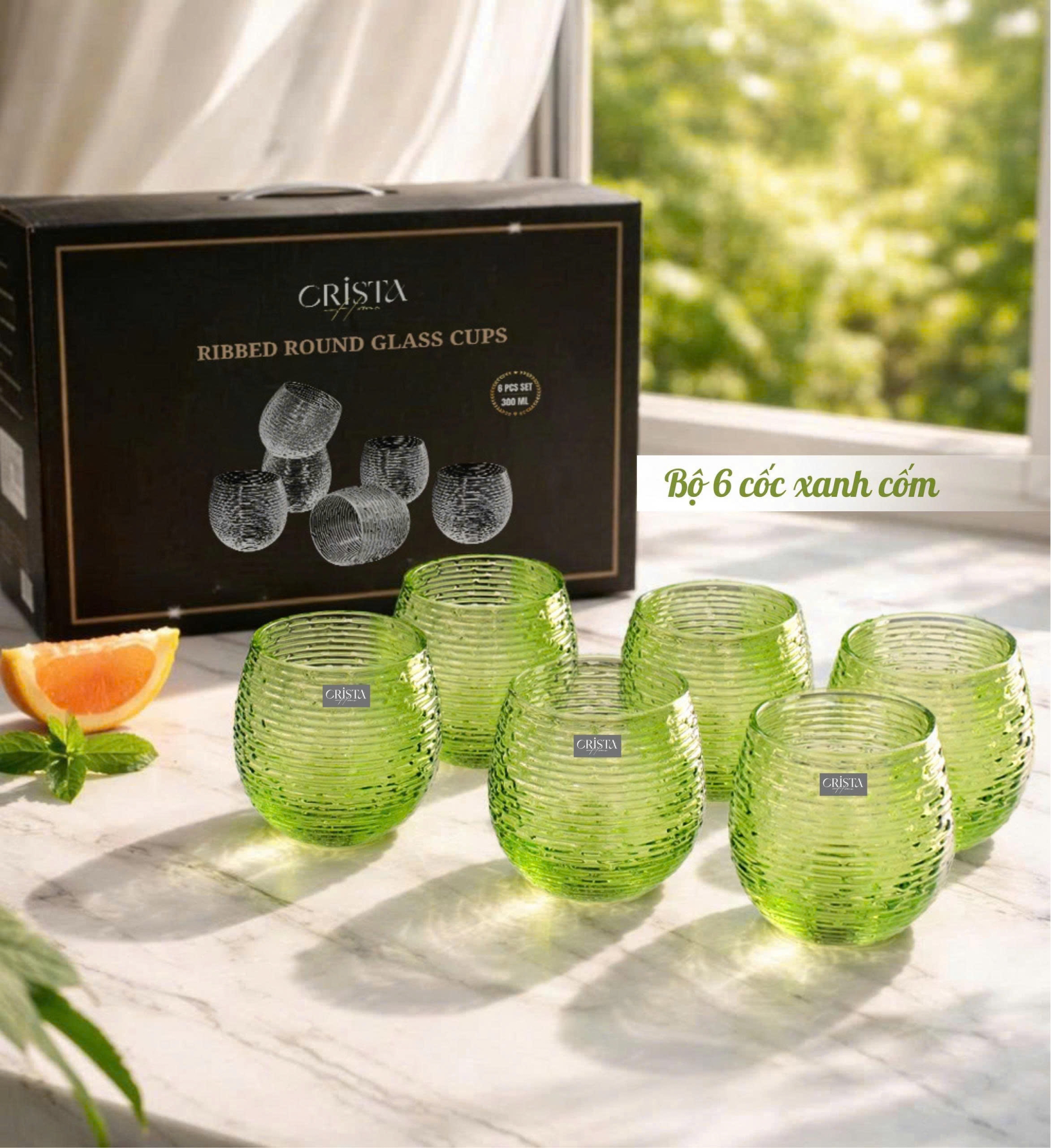 BỘ 6 CỐC THỦY TINH (8 Màu) DÁNG BẦU VÂN NGANG 300ML — MIX MÀU (15/28)