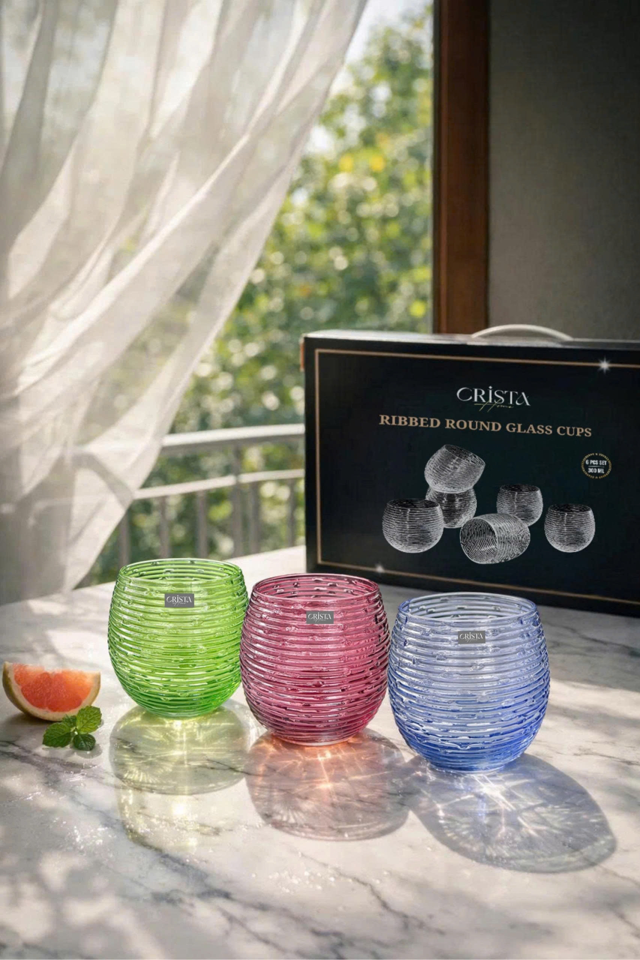 BỘ 6 CỐC THỦY TINH (8 Màu) DÁNG BẦU VÂN NGANG 300ML — MIX MÀU (19/28)