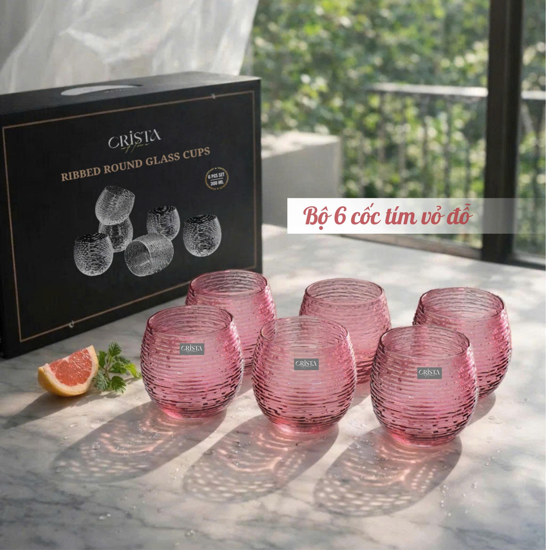 BỘ 6 CỐC THỦY TINH (8 Màu) DÁNG BẦU VÂN NGANG 300ML — MIX MÀU (20/28)