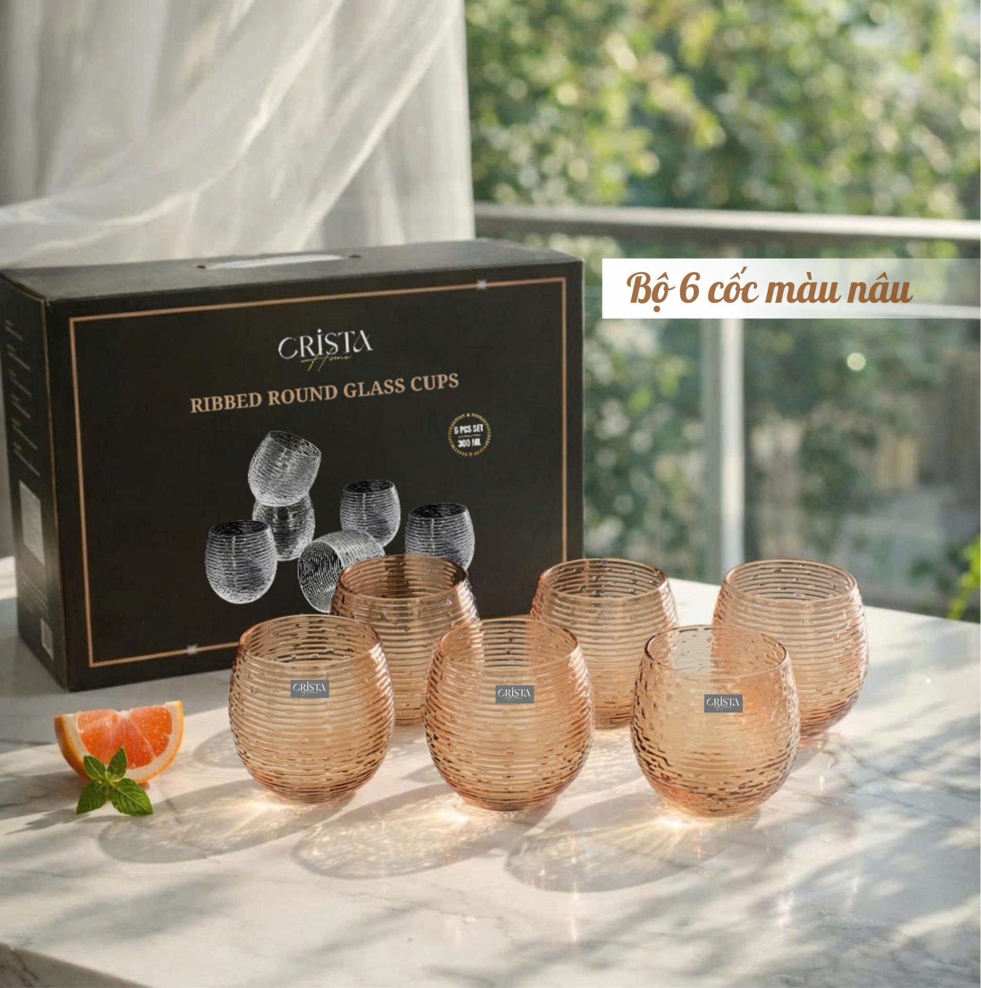 BỘ 6 CỐC THỦY TINH (8 Màu) DÁNG BẦU VÂN NGANG 300ML — MIX MÀU (21/28)