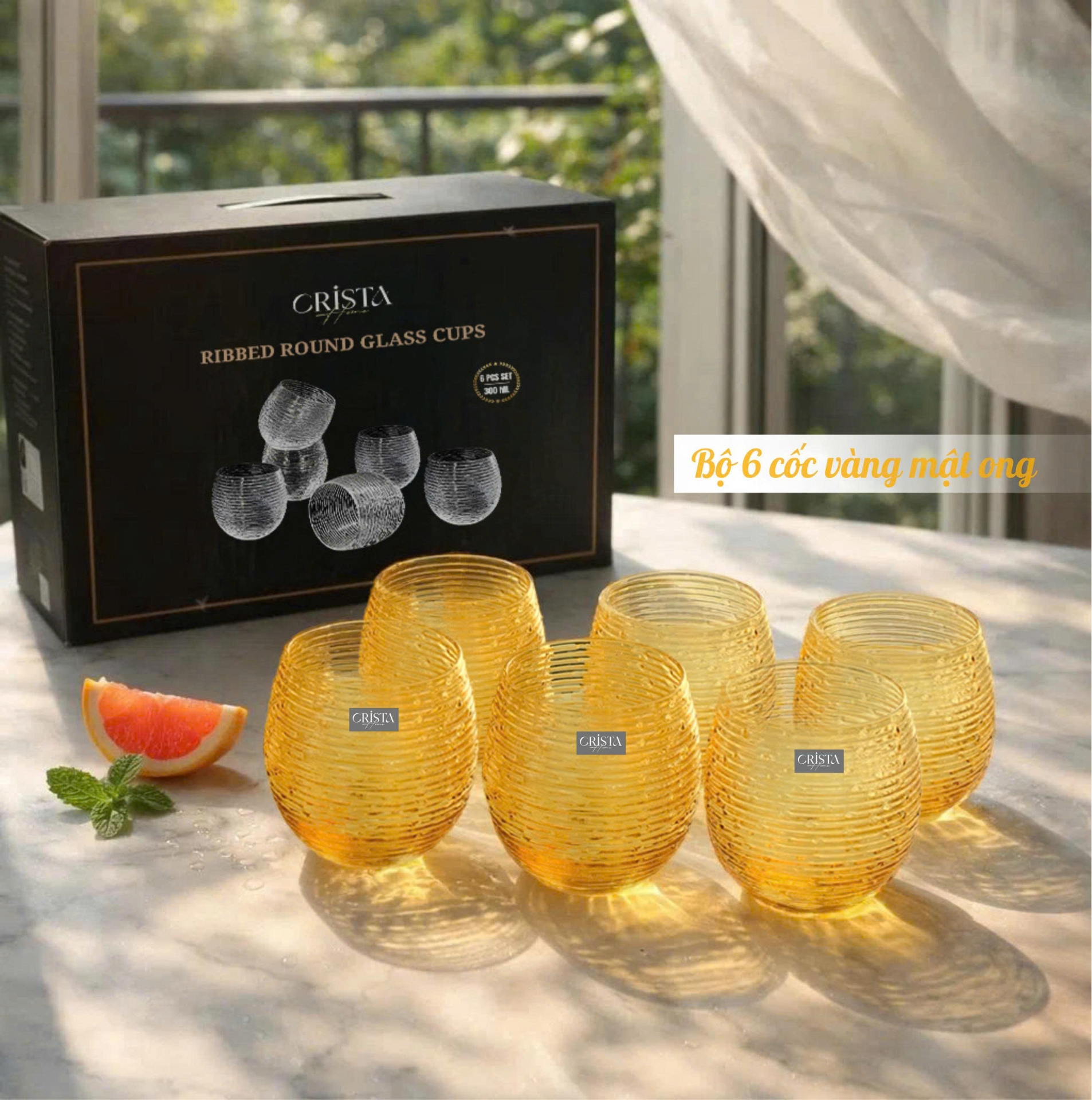 BỘ 6 CỐC THỦY TINH (8 Màu) DÁNG BẦU VÂN NGANG 300ML — MIX MÀU (24/28)