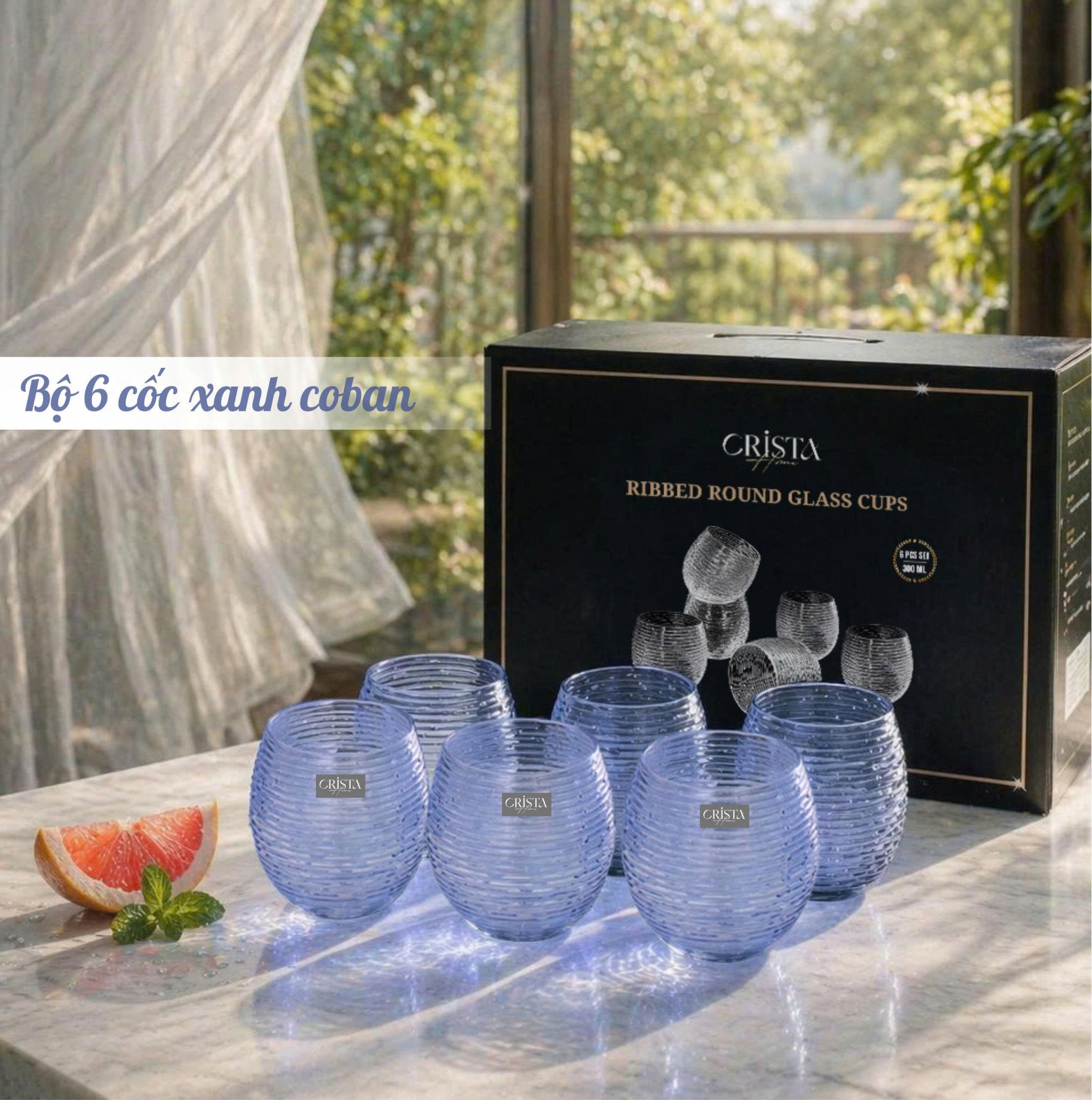 BỘ 6 CỐC THỦY TINH (8 Màu) DÁNG BẦU VÂN NGANG 300ML — MIX MÀU (27/28)