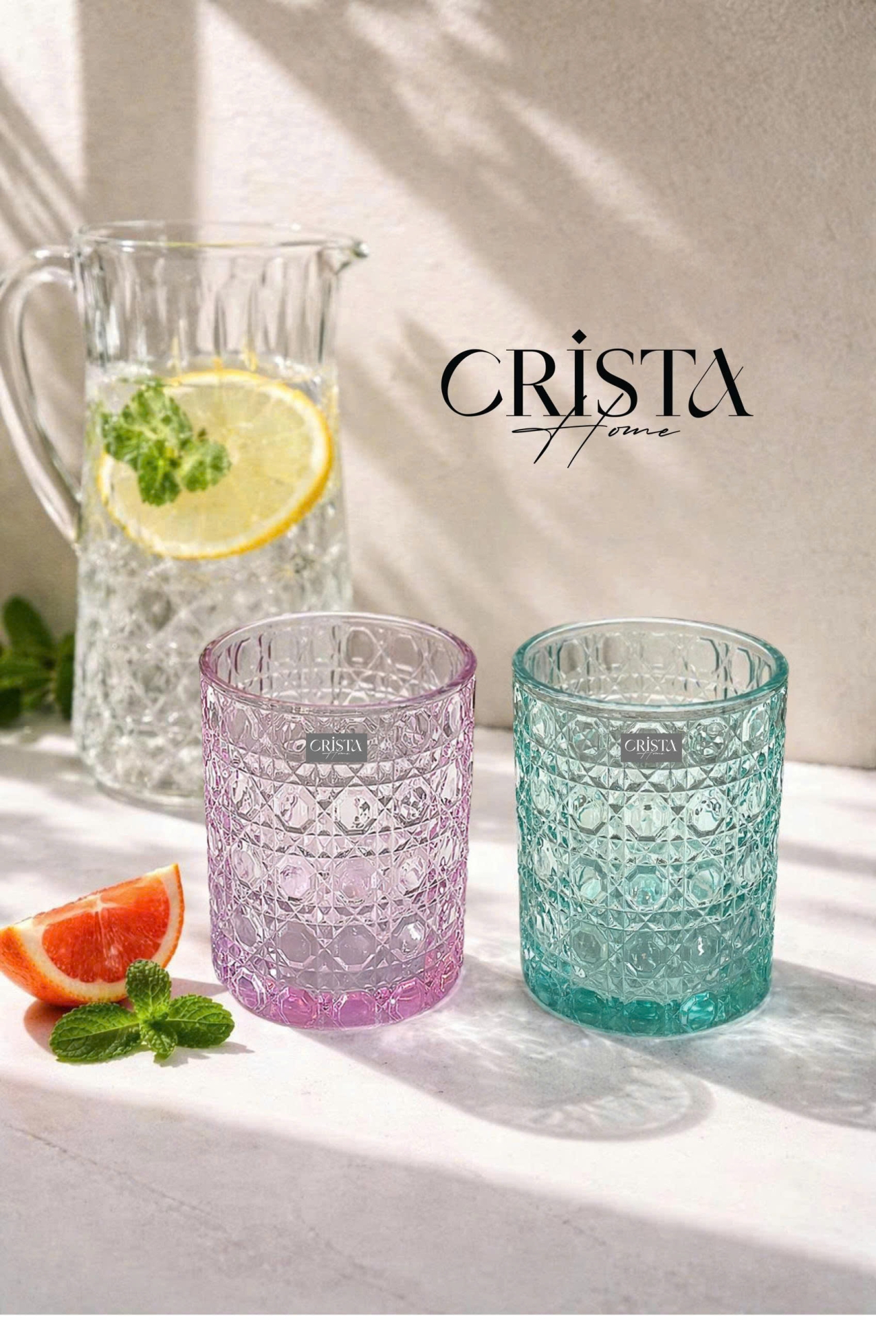 Bộ 6 Cốc Thủy Tinh Vân Pha Lê Nổi 390ml CRISTA HOME - Form Trụ Sang Trọng (2 Màu)