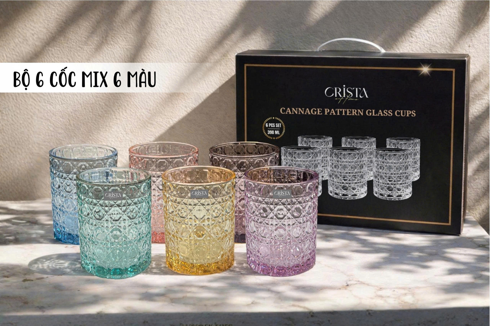 Bộ 6 Cốc Thủy Tinh Vân Pha Lê Nổi 390ml CRISTA HOME - Form Trụ Sang Trọng (2 Màu) — MIX MÀU (3/13)