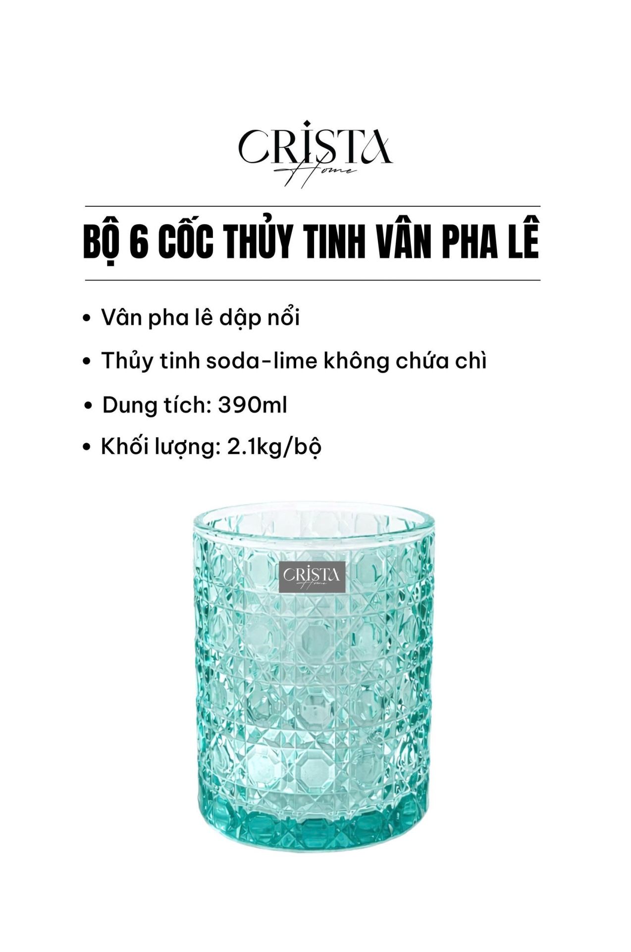 Bộ 6 Cốc Thủy Tinh Vân Pha Lê Nổi 390ml CRISTA HOME - Form Trụ Sang Trọng (2 Màu) — MIX MÀU (9/13)