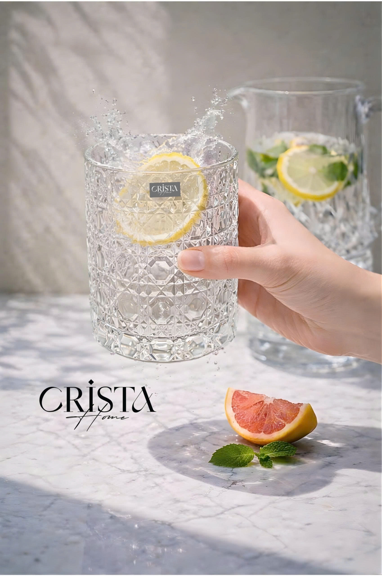 Bộ 6 Cốc Thủy Tinh Vân Pha Lê Nổi 390ml CRISTA HOME - Form Trụ Sang Trọng (2 Màu) — MIX MÀU (10/13)