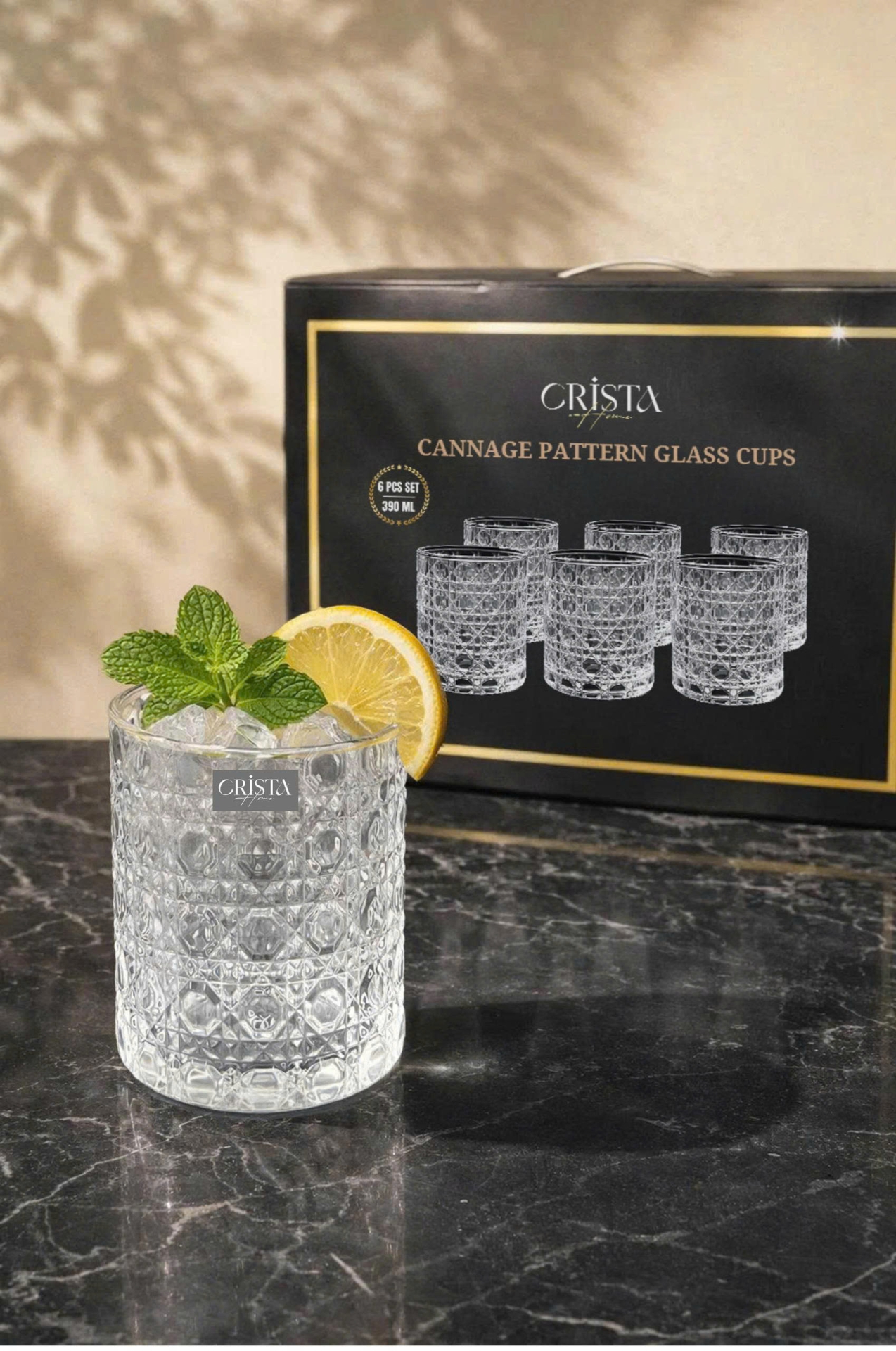 Bộ 6 Cốc Thủy Tinh Vân Pha Lê Nổi 390ml CRISTA HOME - Form Trụ Sang Trọng (2 Màu) — MIX MÀU (12/13)