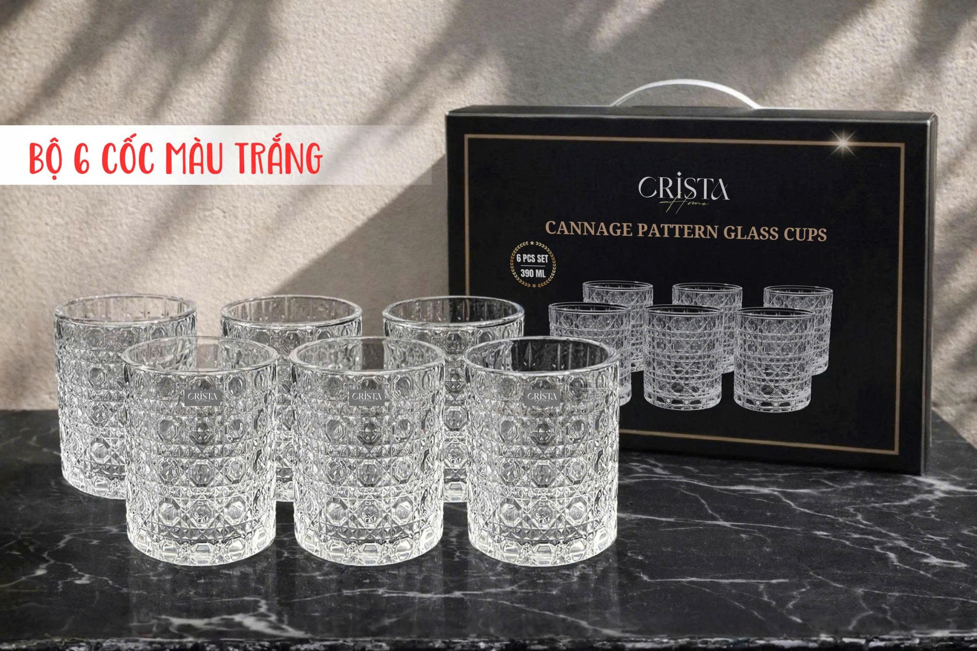 Bộ 6 Cốc Thủy Tinh Vân Pha Lê Nổi 390ml CRISTA HOME - Form Trụ Sang Trọng (2 Màu) — MIX MÀU (13/13)