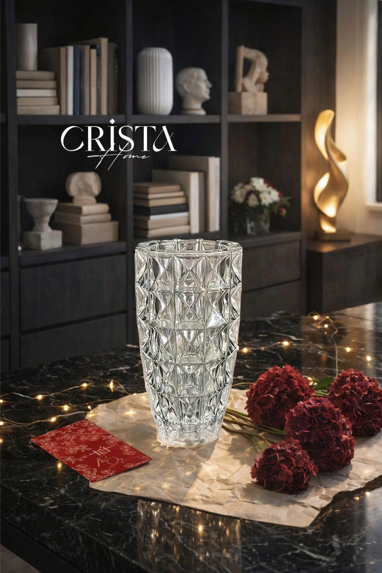 Bình Hoa Thủy Tinh Vân Kim Cương Màu Trắng Trong Suốt 27.5cm CRISTA HOME - Thanh Thoát, Tinh Tế