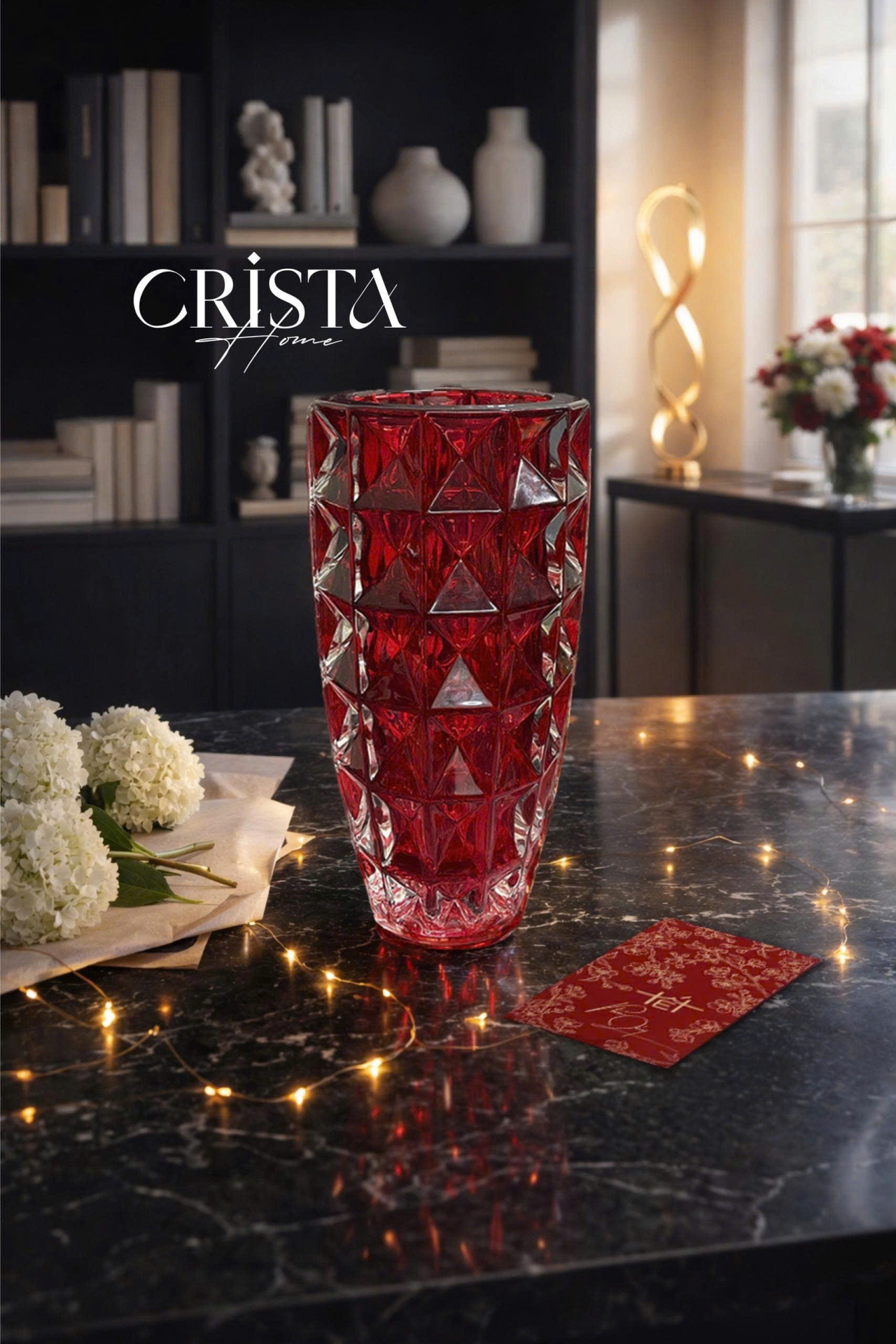 Bình Hoa Thủy Tinh Vân Kim Cương Màu Đỏ Ruby 27.5cm CRISTA HOME - Nổi Bật Đầy Khí Chất (5/6)