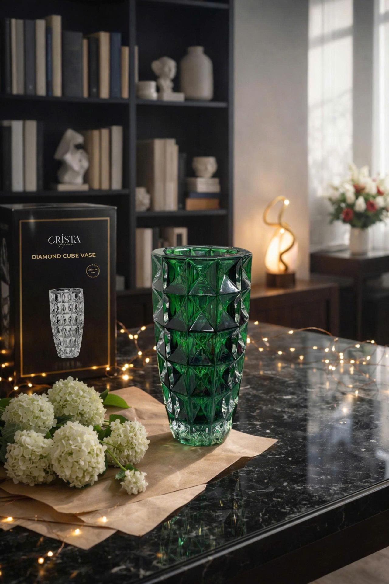 Bình Hoa Thủy Tinh Vân Kim Cương Màu Xanh Lá 27.5cm CRISTA HOME - Decor Sang Trọng