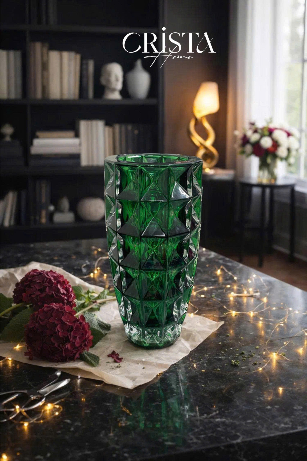 Bình Hoa Thủy Tinh Vân Kim Cương Màu Xanh Lá 27.5cm CRISTA HOME - Decor Sang Trọng (5/6)