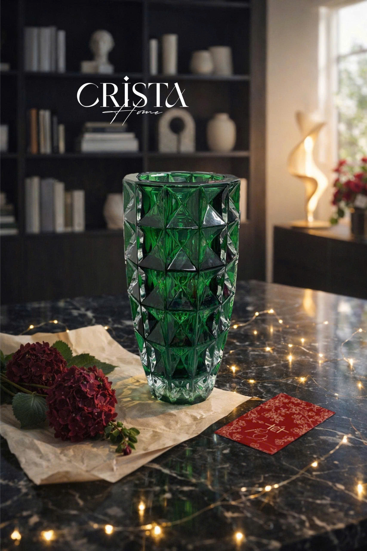 Bình Hoa Thủy Tinh Vân Kim Cương Màu Xanh Lá 27.5cm CRISTA HOME - Decor Sang Trọng (6/6)