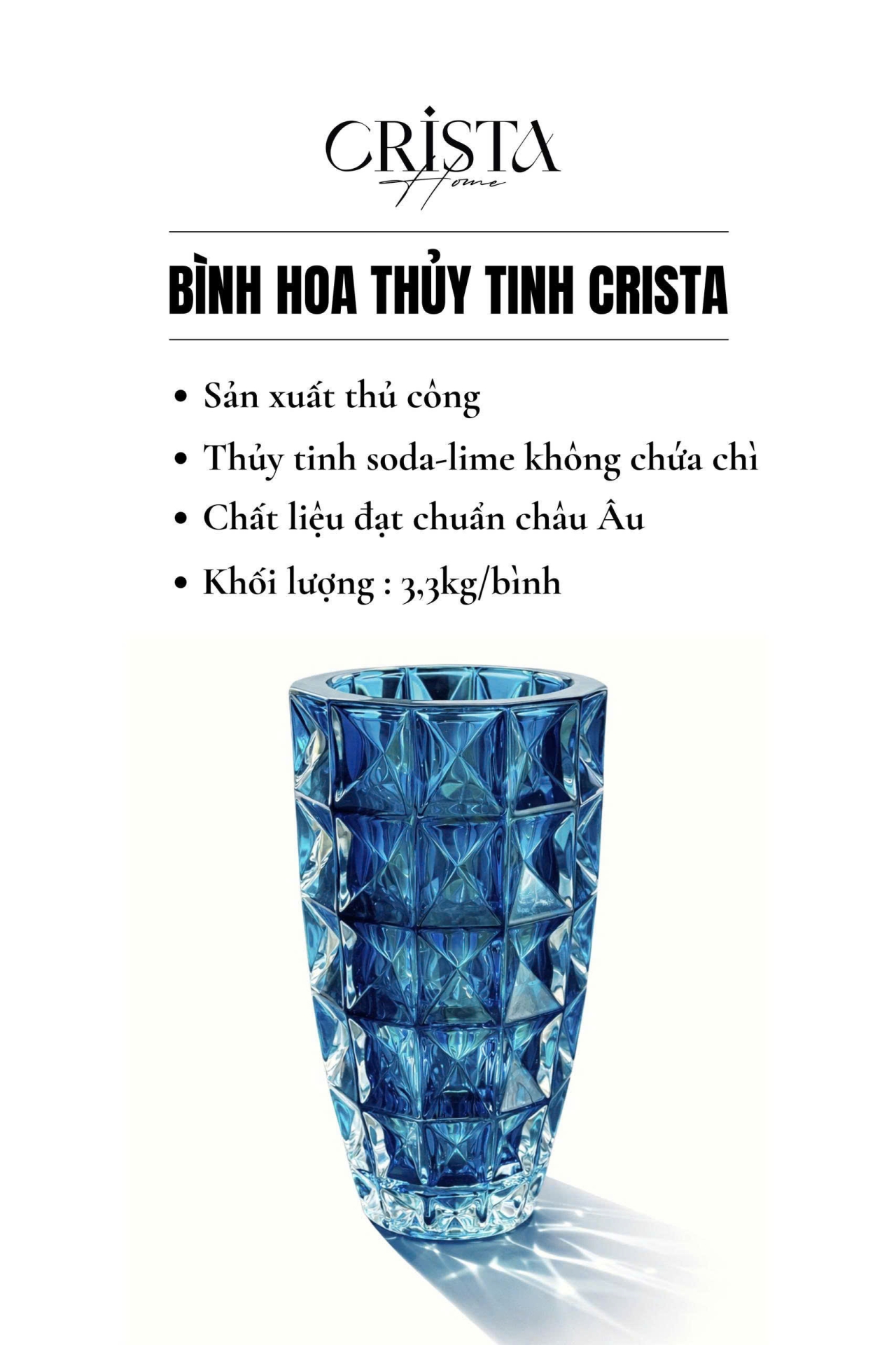 Bình Cắm Hoa Thủy Tinh Vân Kim Cương Màu Xanh Dương 27.5cm CRISTA HOME  (5/8)