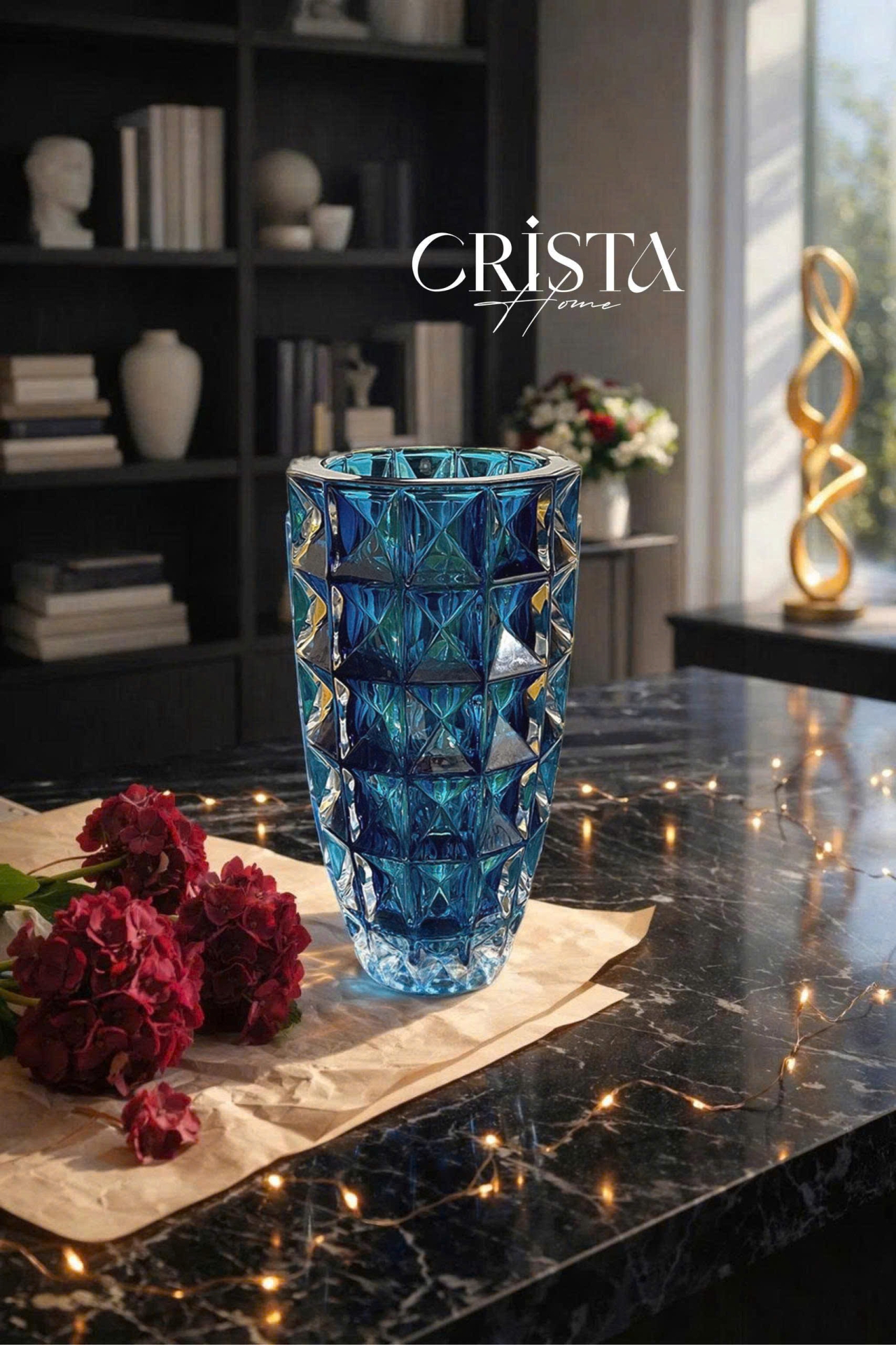 Bình Cắm Hoa Thủy Tinh Vân Kim Cương Màu Xanh Dương 27.5cm CRISTA HOME  (8/8)