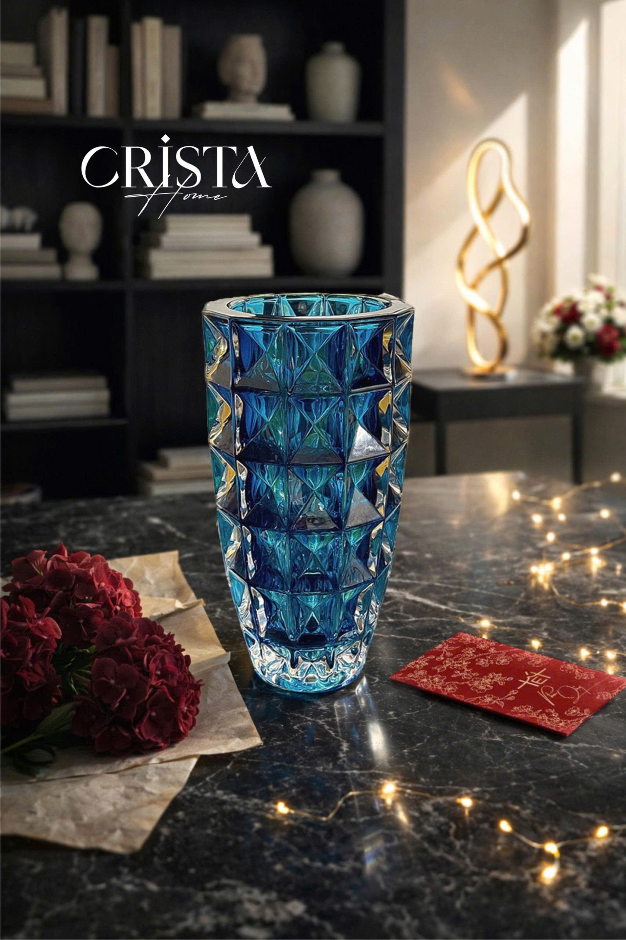 Bình Cắm Hoa Thủy Tinh Vân Kim Cương Màu Xanh Dương 27.5cm CRISTA HOME 