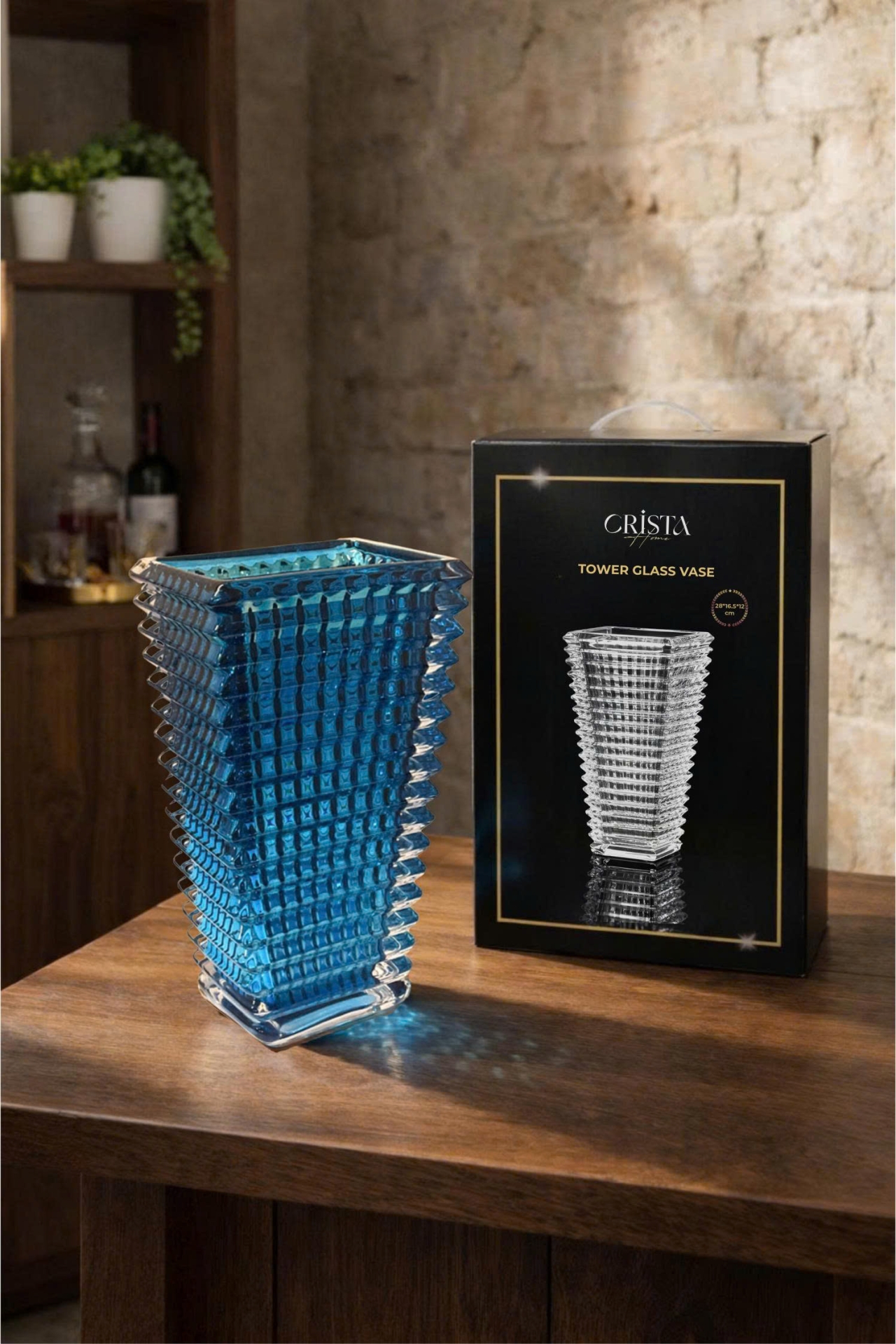 Bình Cắm Hoa Thủy Tinh Dáng Tháp Màu Xanh Dương CRISTA HOME