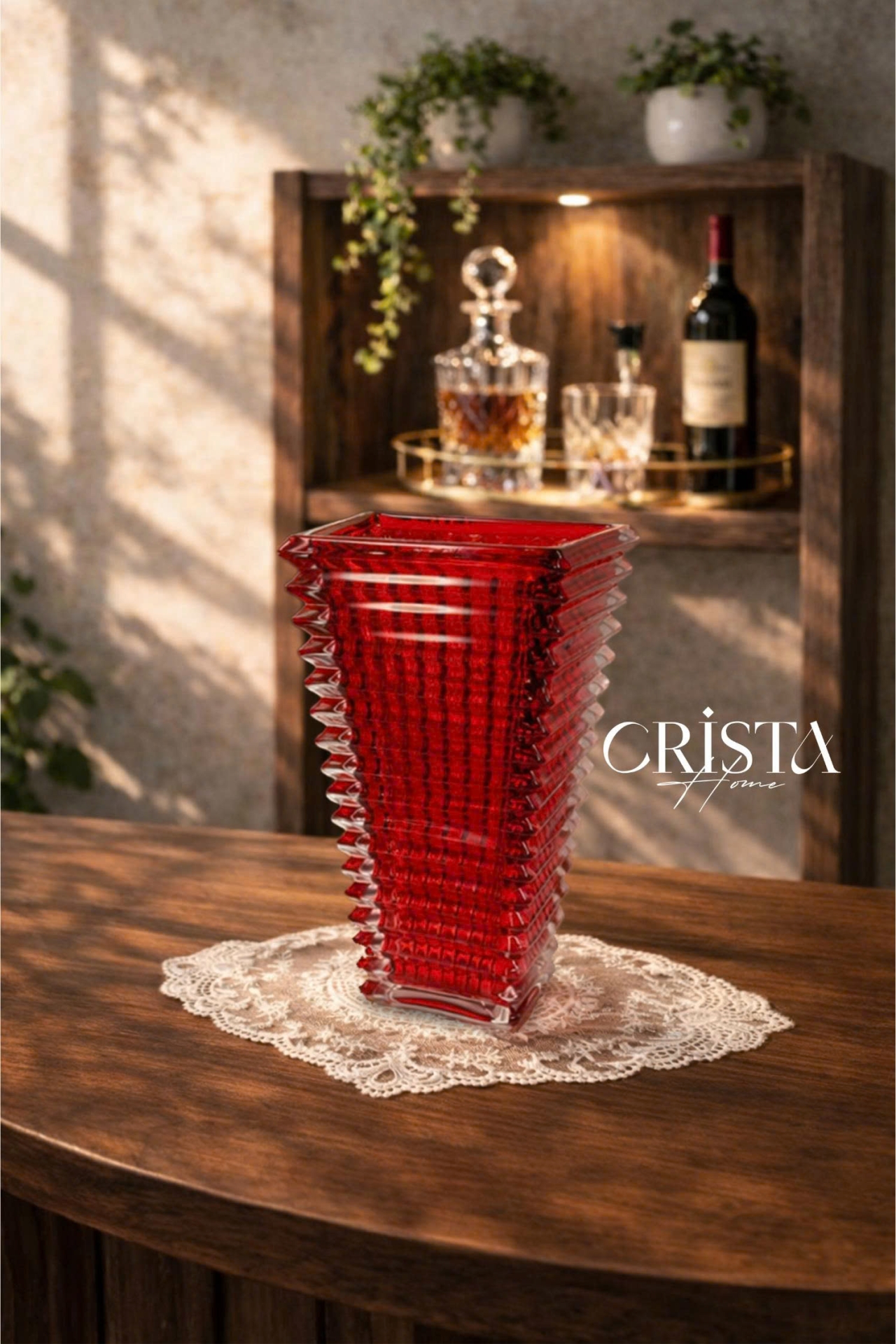 Bình Cắm Hoa Thủy Tinh Dáng Tháp Màu Đỏ 28cm CRISTA HOME 