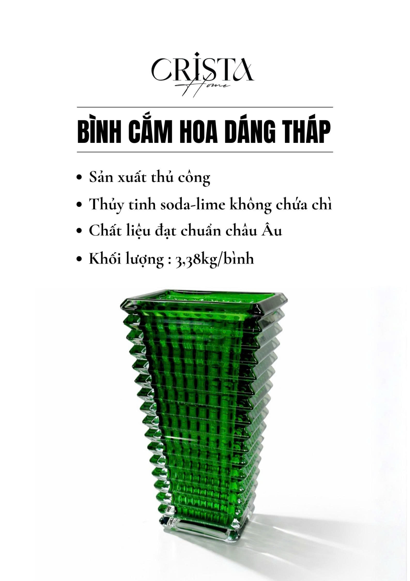 Bình Cắm Hoa Thủy Tinh Dáng Tháp Màu Xanh Lá 28cm CRISTA HOME (4/4)
