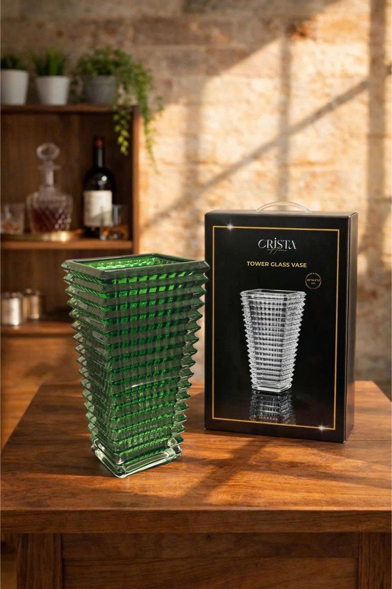 Bình Cắm Hoa Thủy Tinh Dáng Tháp Màu Xanh Lá 28cm CRISTA HOME 