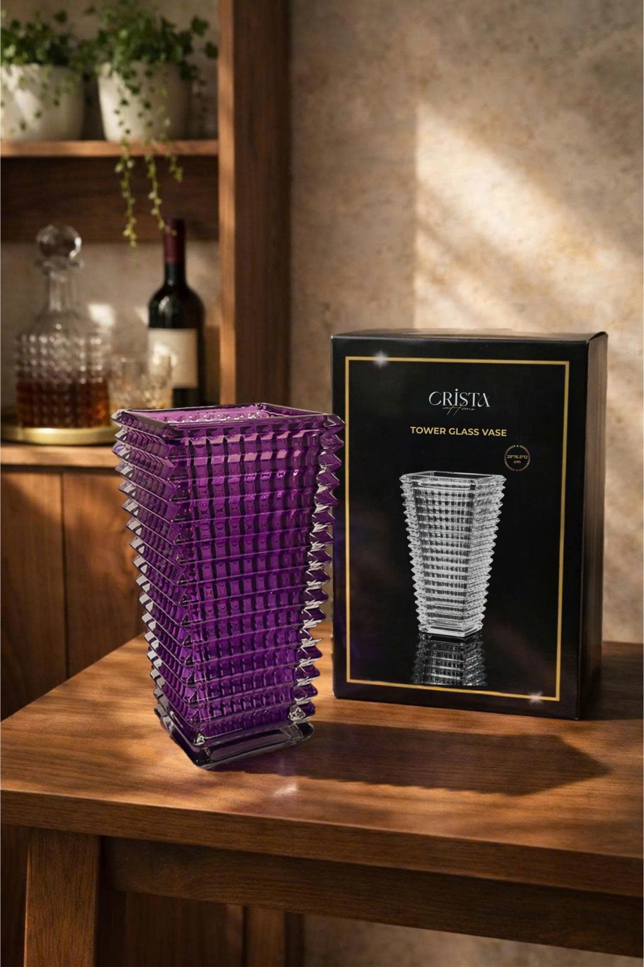 Bình Cắm Hoa Thủy Tinh Dáng Tháp Màu Tím 28cm CRISTA HOME
