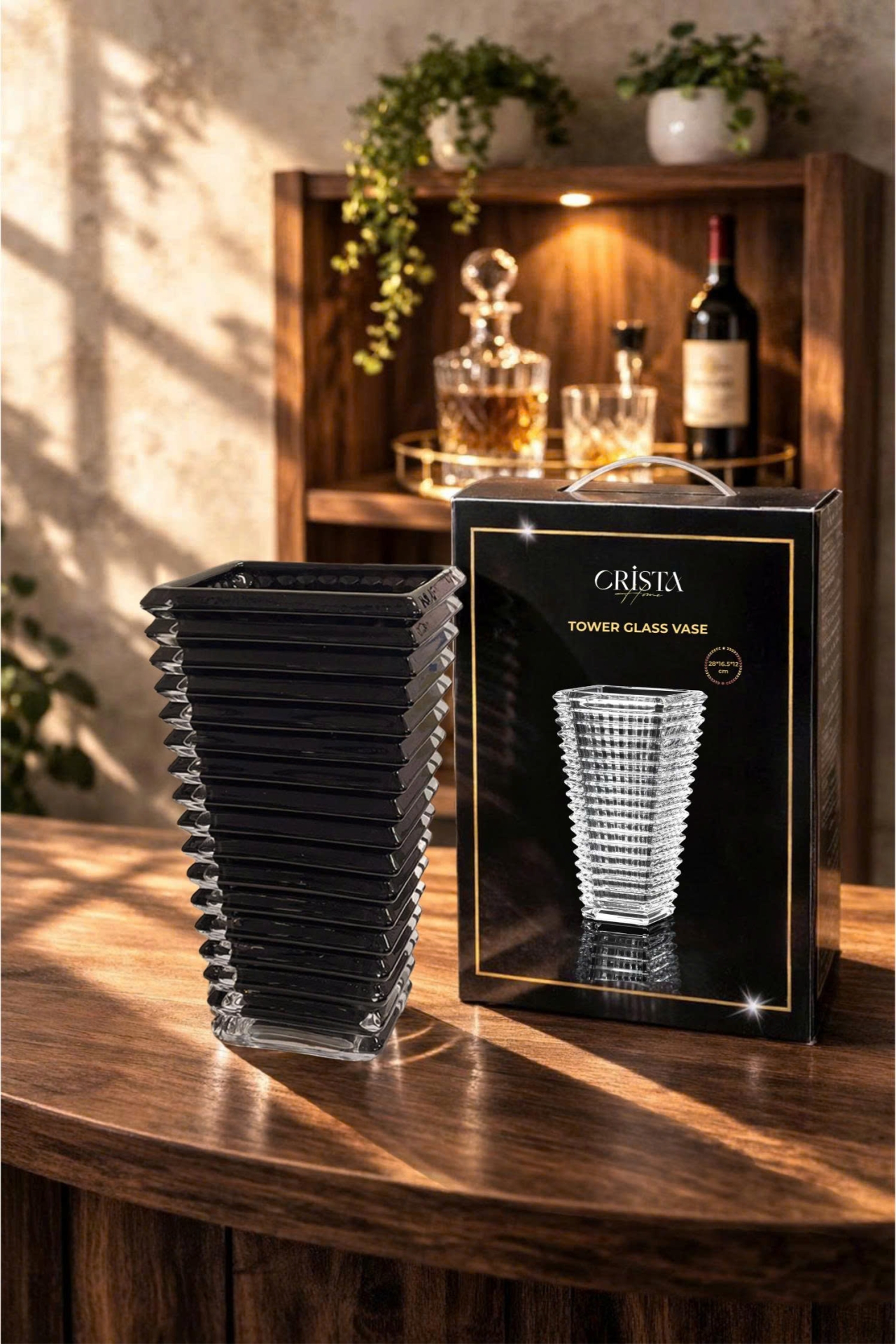 Bình Cắm Hoa Thủy Tinh Dáng Tháp Màu Đen CRISTA HOME 