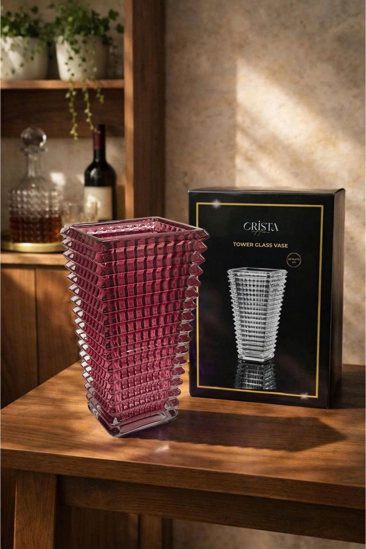 Bình Cắm Hoa Thủy Tinh Dáng Tháp Màu Hồng CRISTA HOME