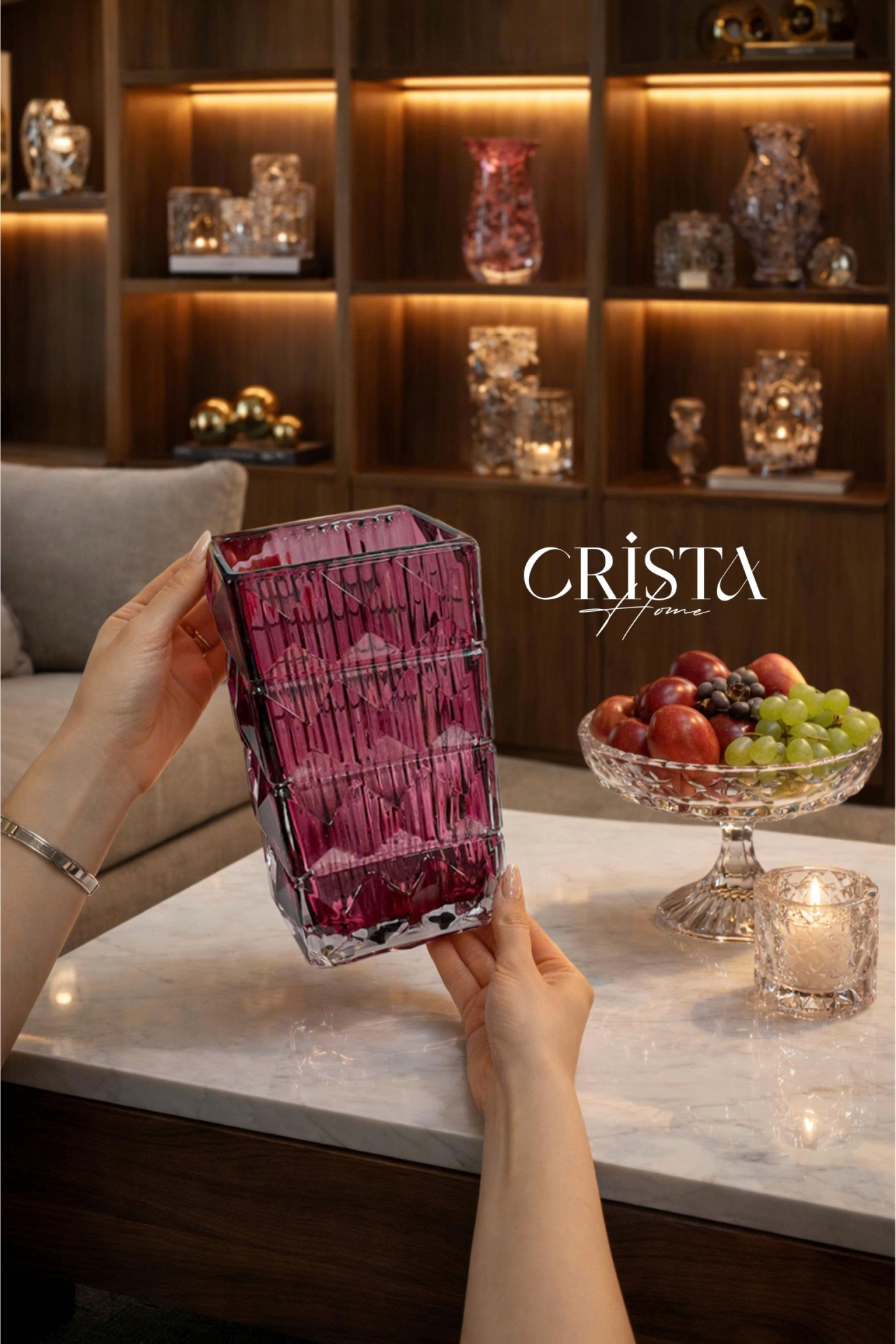 BÌNH CẮM HOA THỦY TINH MÀU HỒNG VÂN KIM CƯƠNG 4 TẦNG CRISTA HOME (3/3)