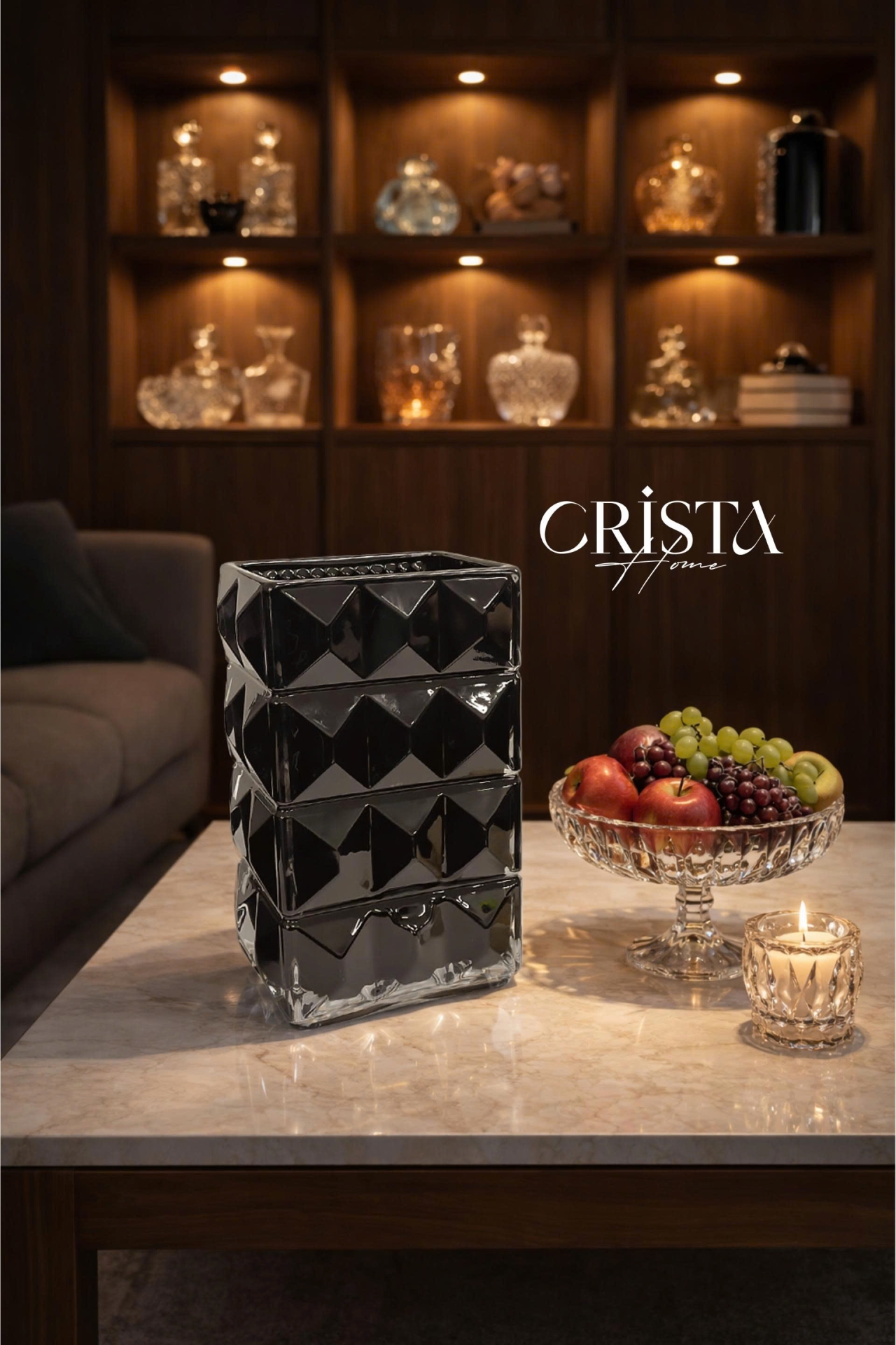 BÌNH CẮM HOA THỦY TINH MÀU ĐEN VÂN KIM CƯƠNG 4 TẦNG Crista Home 