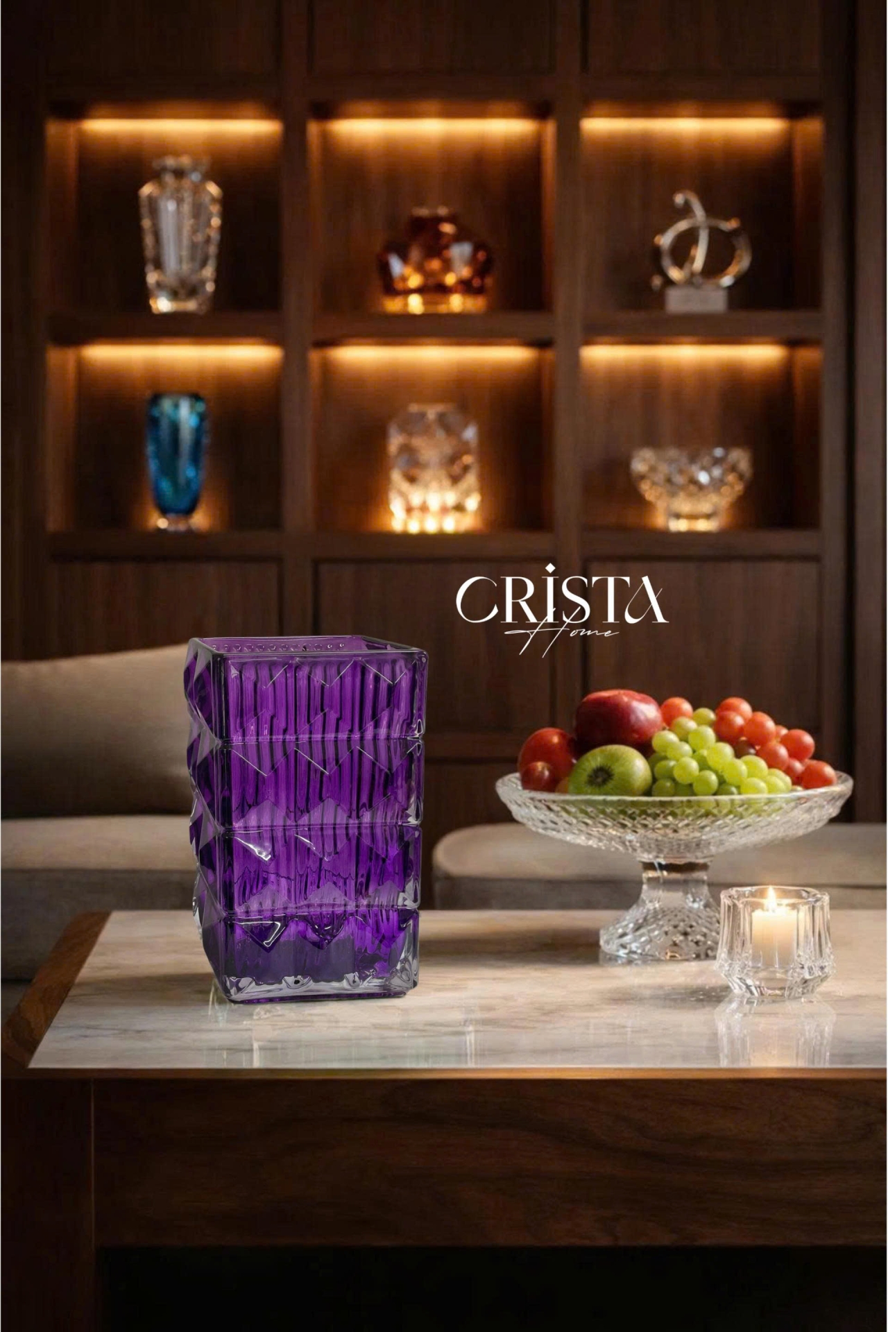 BÌNH CẮM HOA THỦY TINH MÀU TÍM VÂN KIM CƯƠNG 4 TẦNG Crista Home