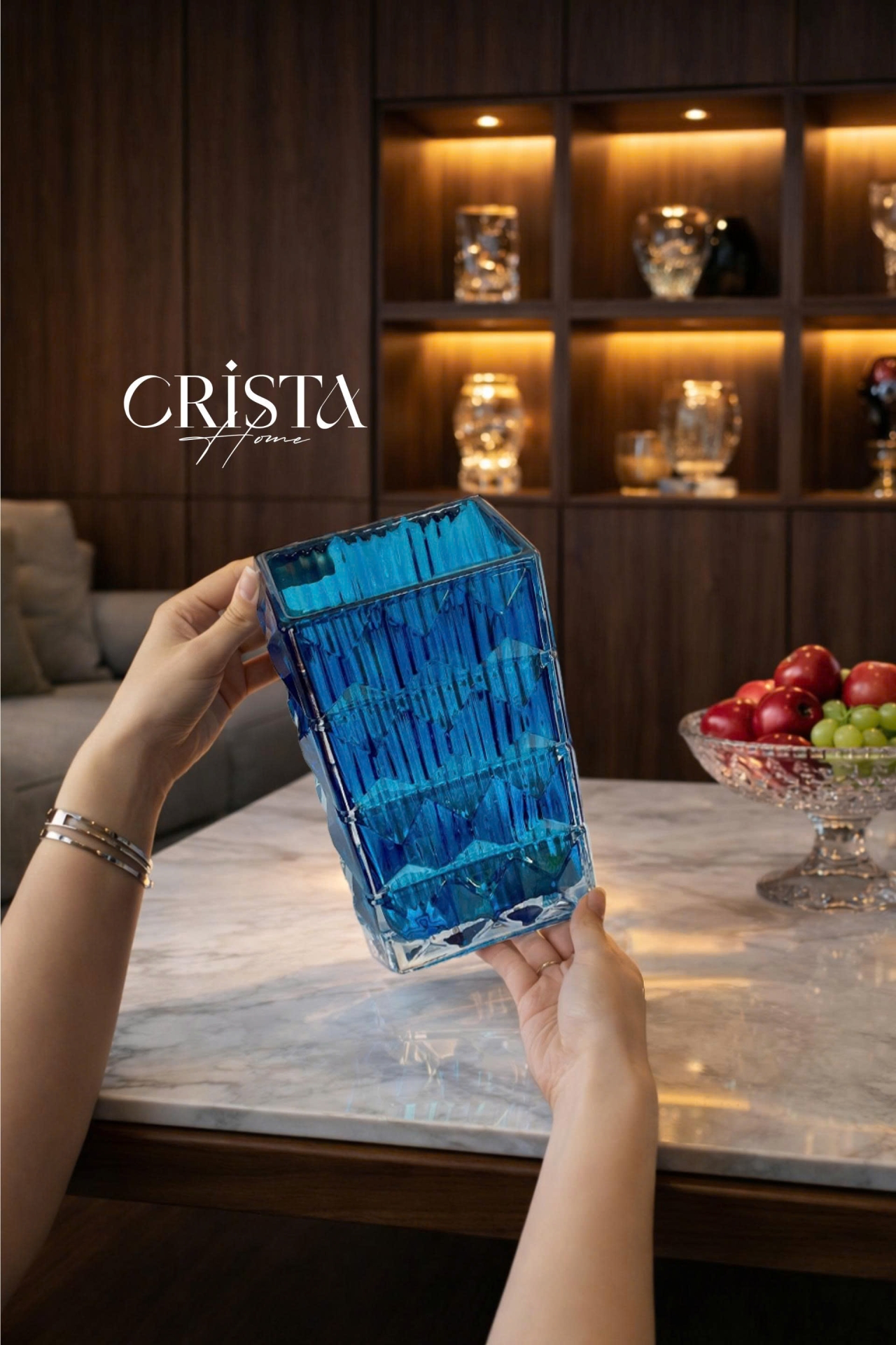 BÌNH CẮM HOA THỦY TINH MÀU XANH DƯƠNG VÂN KIM CƯƠNG 4 TẦNG Crista Home (3/3)