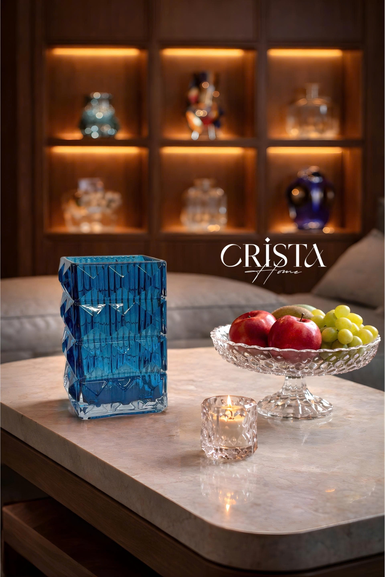 BÌNH CẮM HOA THỦY TINH MÀU XANH DƯƠNG VÂN KIM CƯƠNG 4 TẦNG Crista Home
