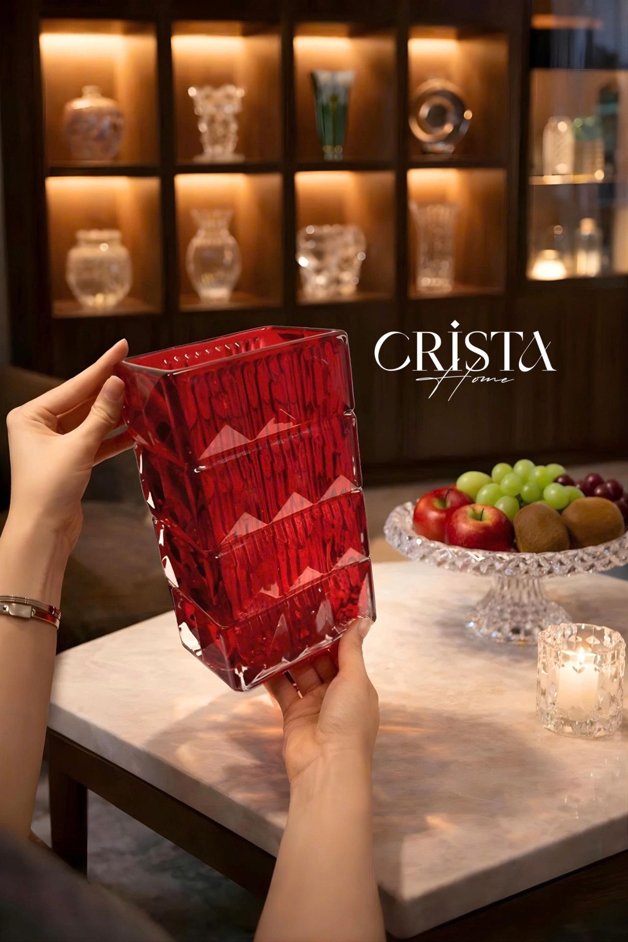 Bình Cắm Hoa Thủy Tinh Màu Đỏ Vân Kim Cương 4 Tầng Crista Home (2/3)