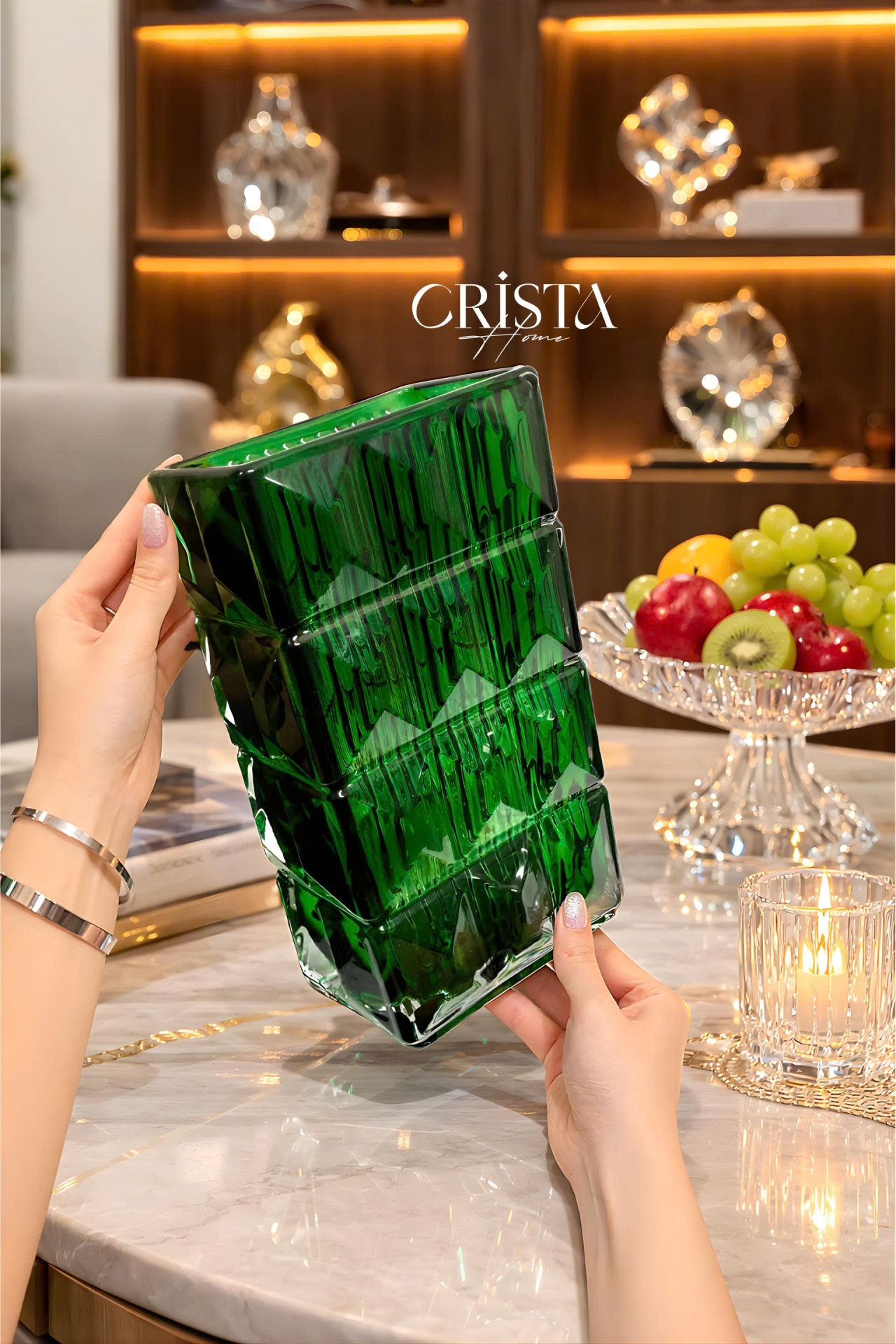 Bình Cắm Hoa Màu Xanh Thủy Tinh Vân Kim Cương 4 Tầng CRISTA HOME - Decor Tủ Kệ Sang Trọng (3/4)