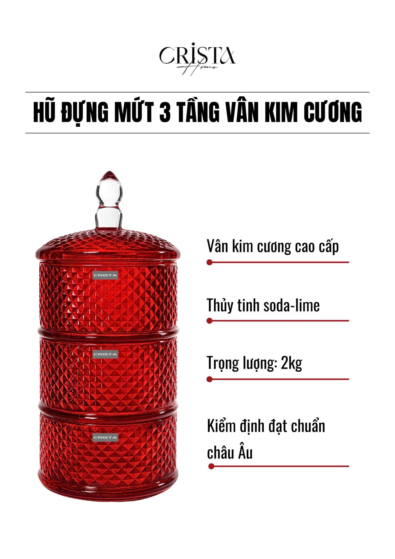 HŨ ĐỰNG MỨT (2 Màu) THỦY TINH 3 TẦNG VÂN KIM CƯƠNG — Màu Đỏ (4/8)