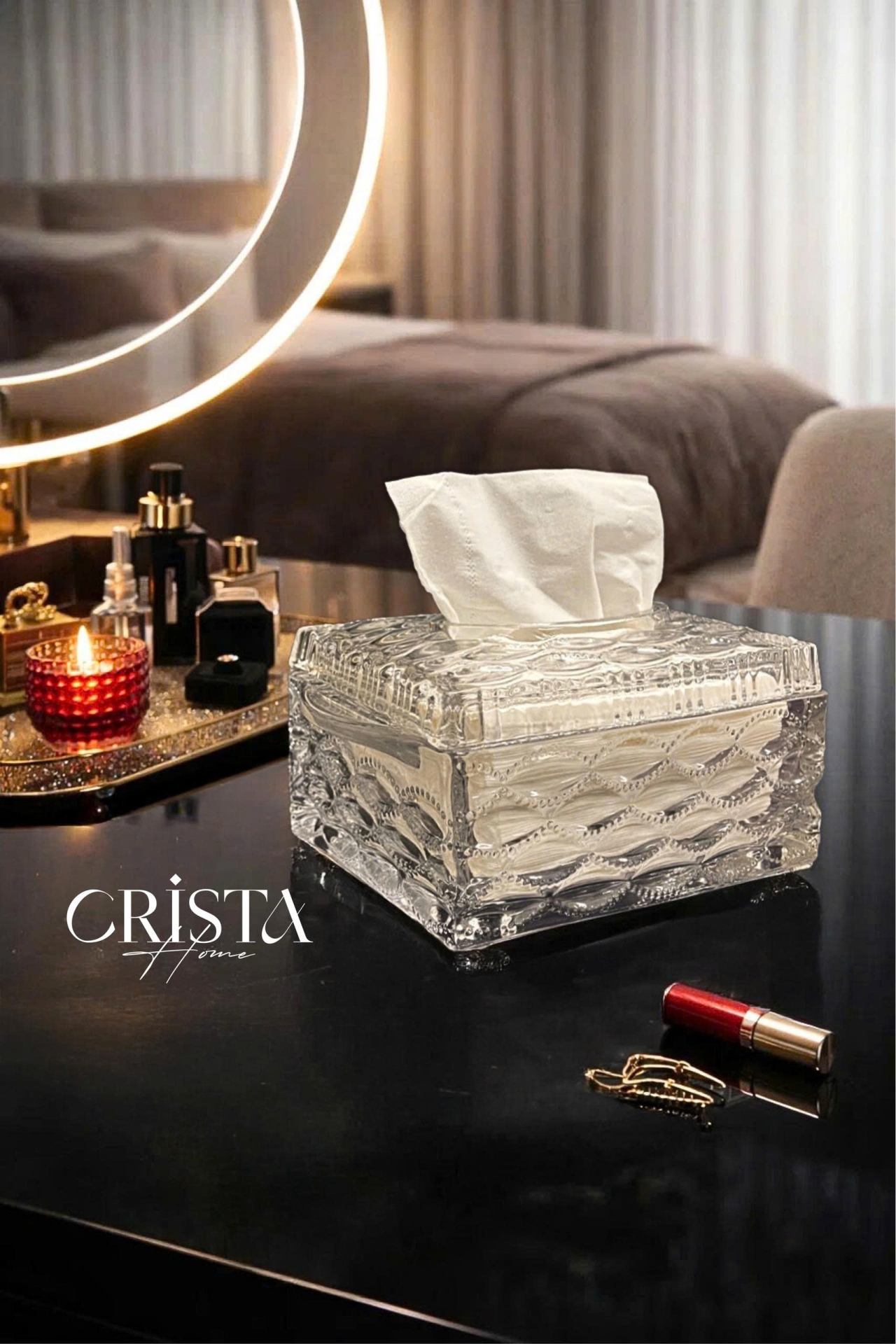 Hộp Thủy Tinh Đựng Giấy Ăn Vân Sóng CRISTA HOME - Thiết Kế Mới (5 Màu) — MÀU HỒNG (10/19)