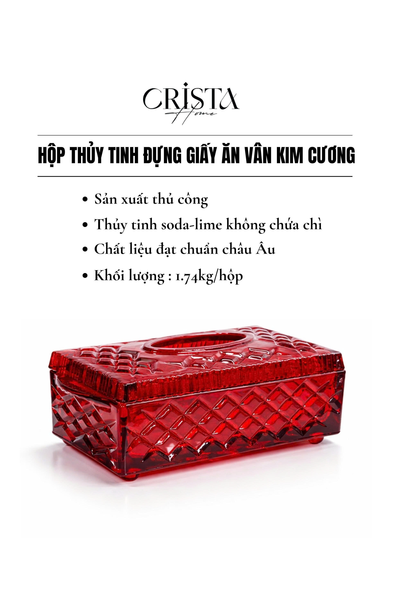 Hộp Thủy Tinh Đựng Giấy Ăn Vân Kim Cương CRISTA HOME - Decor Sang Trọng (4 Màu) — MÀU TRĂNG (6/17)